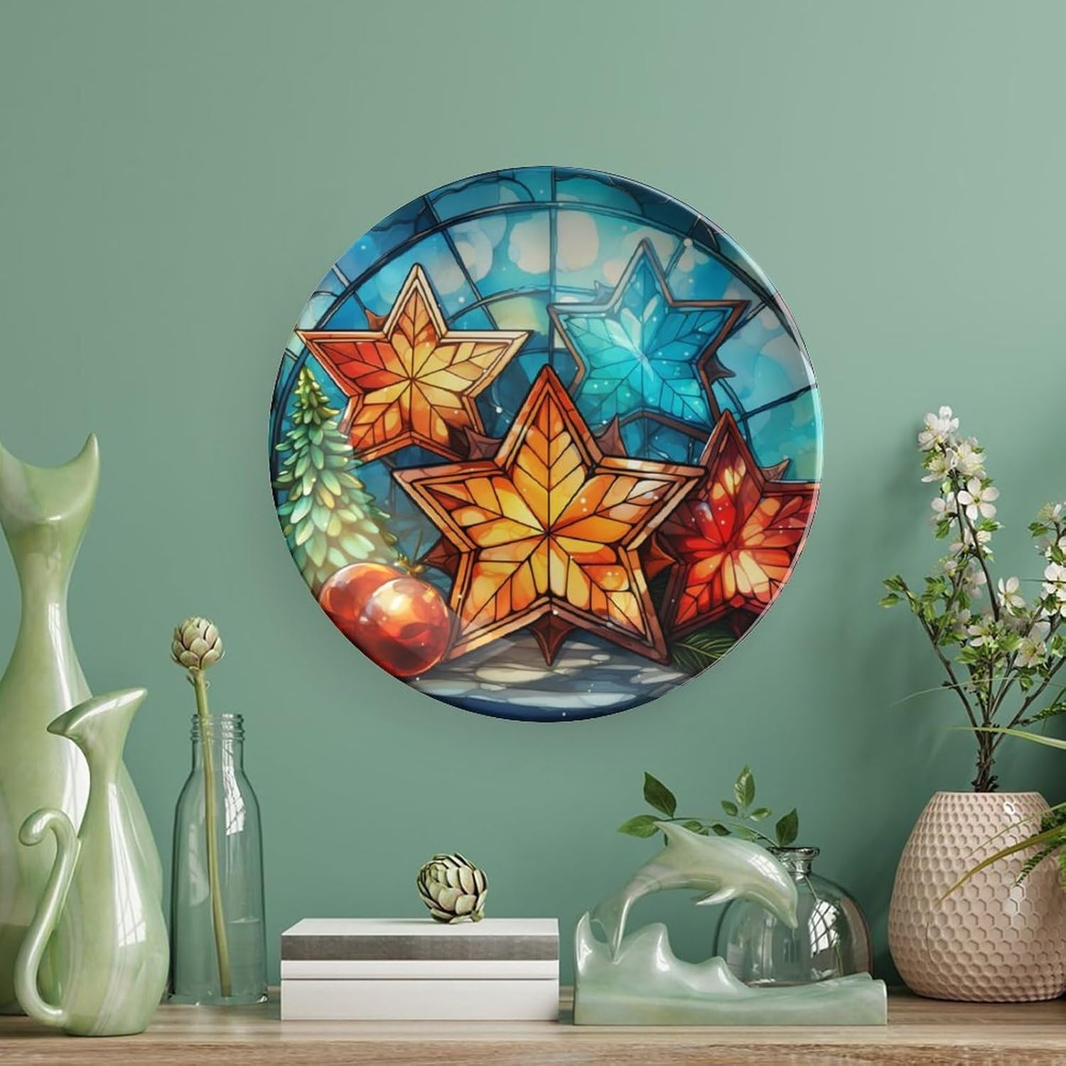 Xmas Decorative Plates, Christmas Tree & Stars Display Plate for Home Office Kitchen Table Decor, Stained Glass Design Porcelain Plates Xmas Ornament 6 Inch