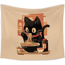 WARDOS Funny Vintage Black Cat Japanese Ramen Noodles Tapestry, Aesthetic Black Cat Art Painting Decor Tapestry Wall Hanging for Room Bedroom Living Room, 50x60 Inch