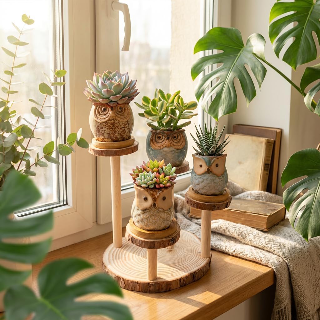 2.5"mini ceramic Cute Owl Animal Succulent Flower Pot Outdoor Bamboo Wooden Small Planter Stand Gift Set for Home,Office,Living Room,Bedroom Decoration,Windowsill,Indoor Desk,Kitchen Decor (4 Tier)