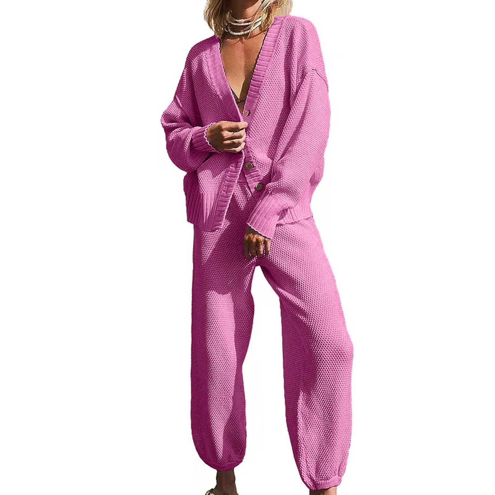 Homewear Ensemble de 2 pièces en tricot pour femme Coupe ample Taille S à | Survêtement pour femme - Pantalon surdimensionné - Col en V - Combinaison de loisirs avec boutons - Veste de transition unie
