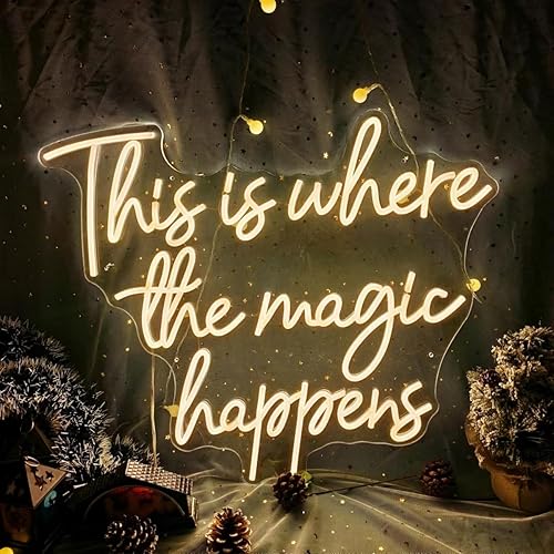 Letrero de neón con texto en inglés "This Is Where The Magic Happens" para decoración de pared, letrero LED con nombre para boda, cumpleaños,