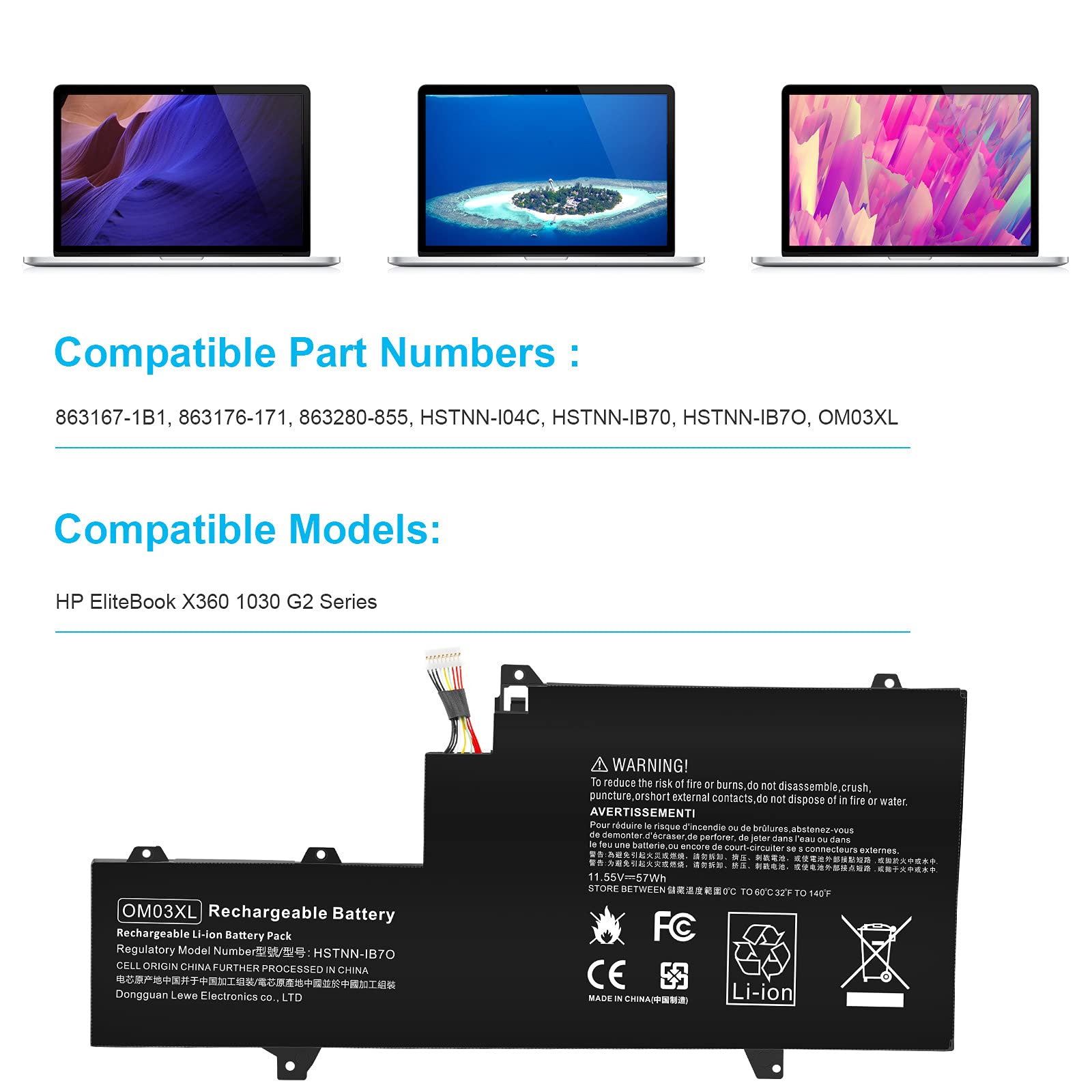 ASUNCELL 57Wh OM03XL Batteria del Computer Portatile per HP EliteBook x360 1030 G2 Series OM03XL OMO3XL OM03057XL 863167-1B1 863167-171 863280-855 HSN-I04C HSTNN-IB70 HSTNN-IB7O 11.5V
