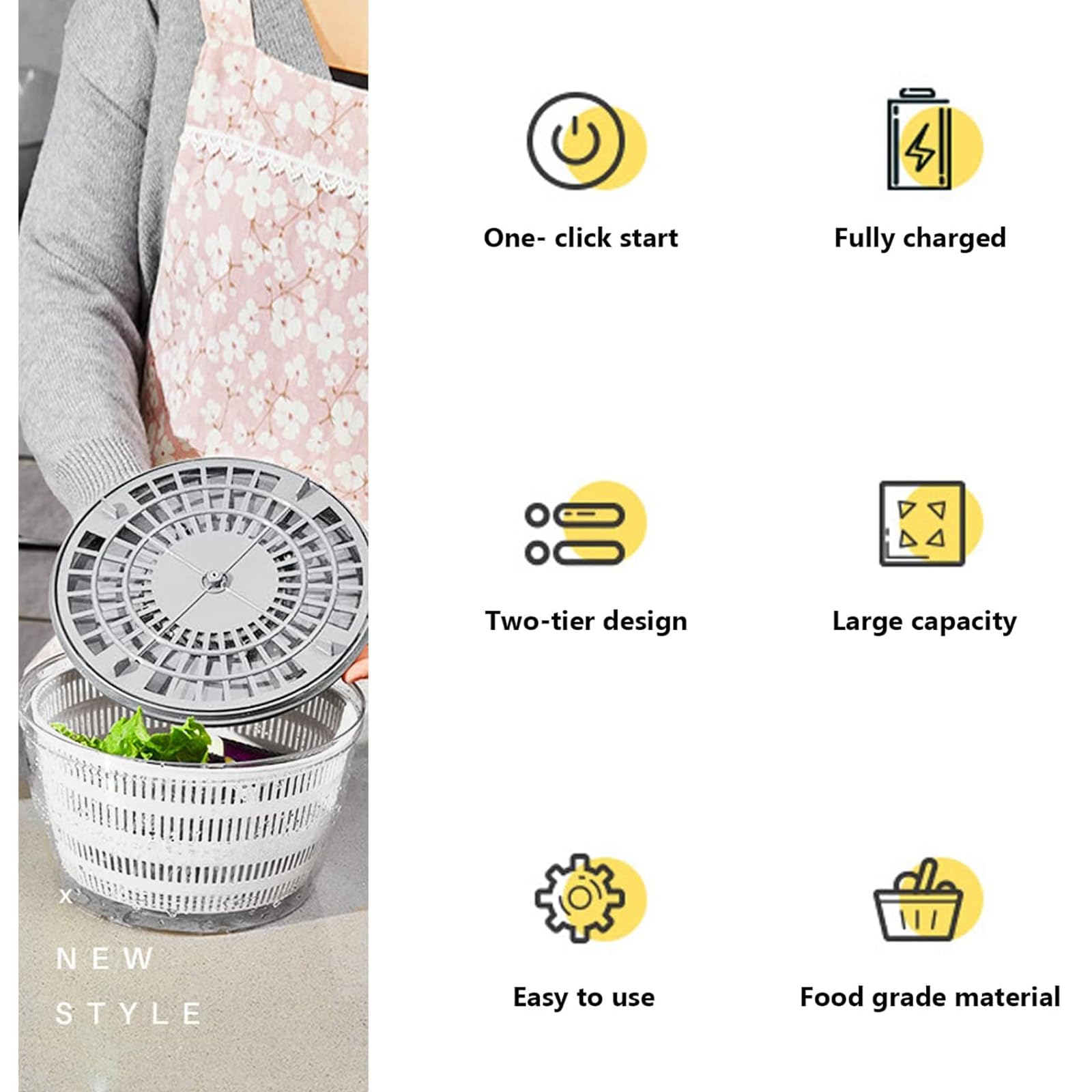 Essoreuse à Salade Automatique sans Fil USB 4000 ML Déshydrateur Automatique pour Fruits et légumes, saladier pour Servir, assèchement Rapide, ustensile de Cuisine dans Une Couleur Tendance