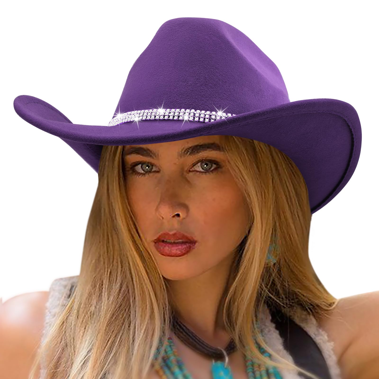 Dreshow Women's 1 Pc Fedora Hat: 73-N-Deep Purple Cowboy Hat Western Felt Roll Up Cowgirl Hat Classic Bling Diamond Band Decoration Rodeo Fedora