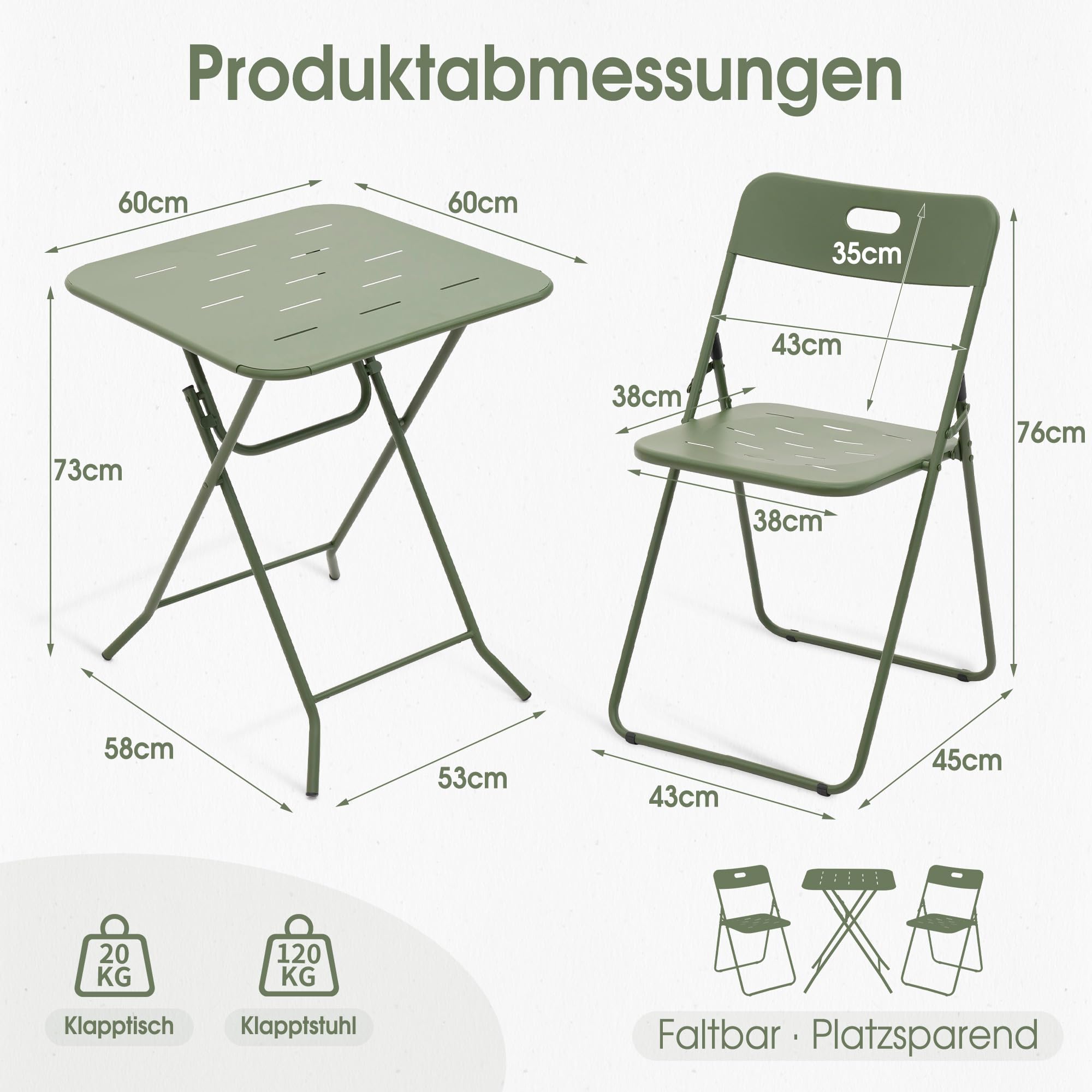 Balkonmöbel, Bistroset 2 Stühle 1 Tisch Outdoor