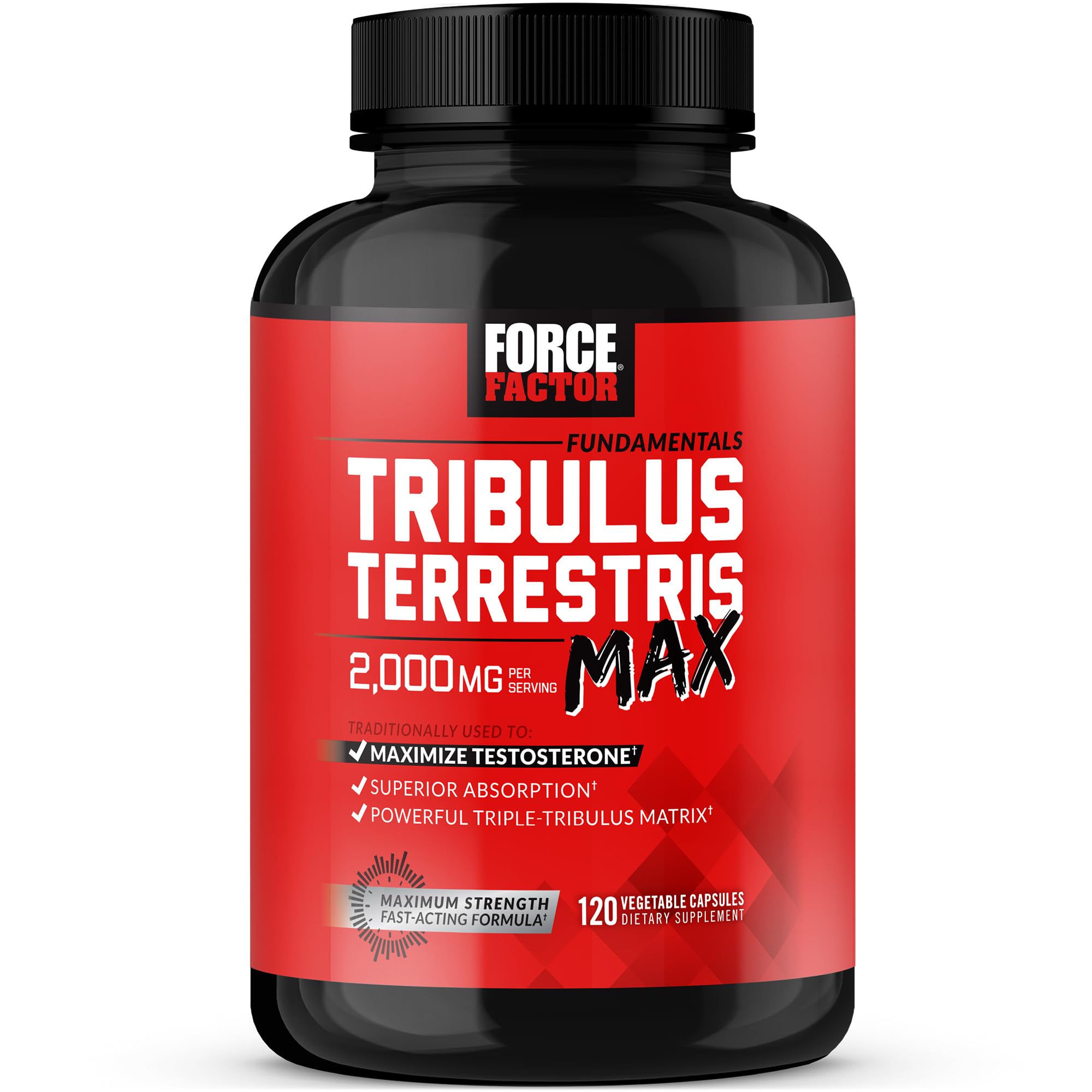 Force Factor Tribulus Terrestris Max for Men, Testosterone Booster and Male Vitality Supplement, for Superior Absorption, 2000mg, 120 Capsules