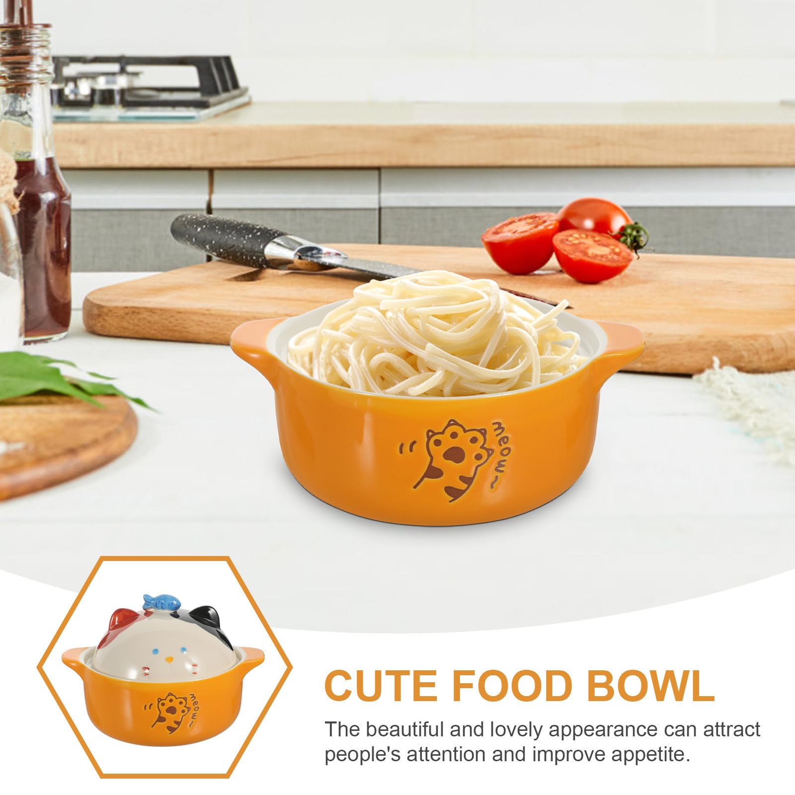 Tazón de Ramen de Cerámica con Diseño de Gato y Tapa 720 Ml | Uso Diario para Sopa, Fideos, Arroz y Frutas, Adecuado en Celebraciones y Reuniones Familiares