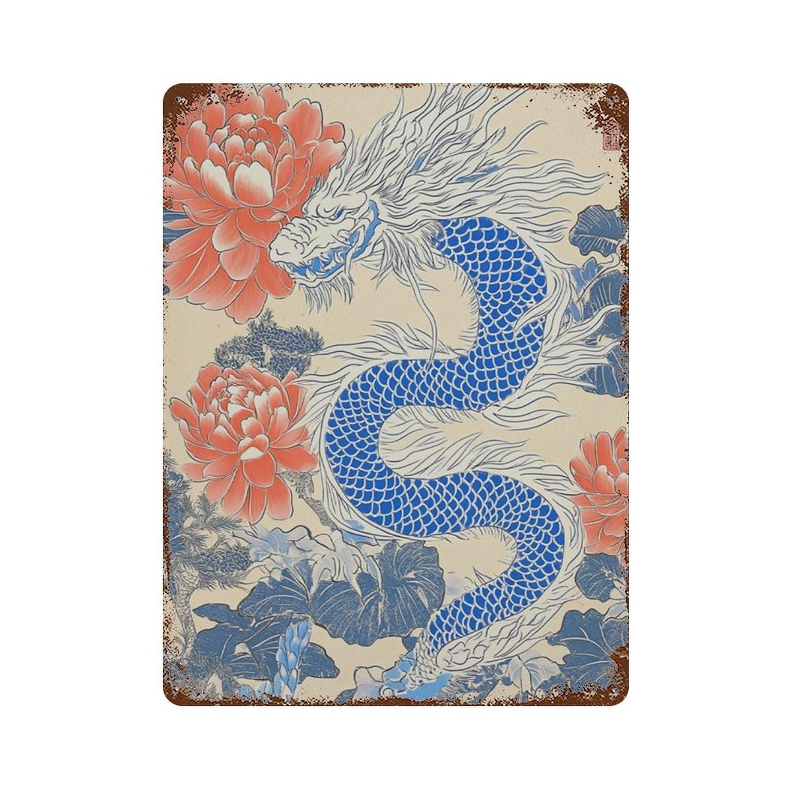xiaoxiaoshen Chinese Dragon Blue Porcelain Style Asian Mythical Oriental Work Traditional Wall Decor Art Metal Tin Poster Modern Home Decor Art Home Bar Shop Decorations Vintage Sign 40x30cm