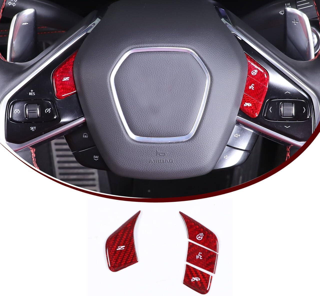 Dry Carbon Fiber Central Control Steering Voice Button Molding Cover for Corvette C8 2020-2024 2025 Accessories 4PCS Center Steering Control Button Trim Cover with Heated Button Interior Sticker (Red)