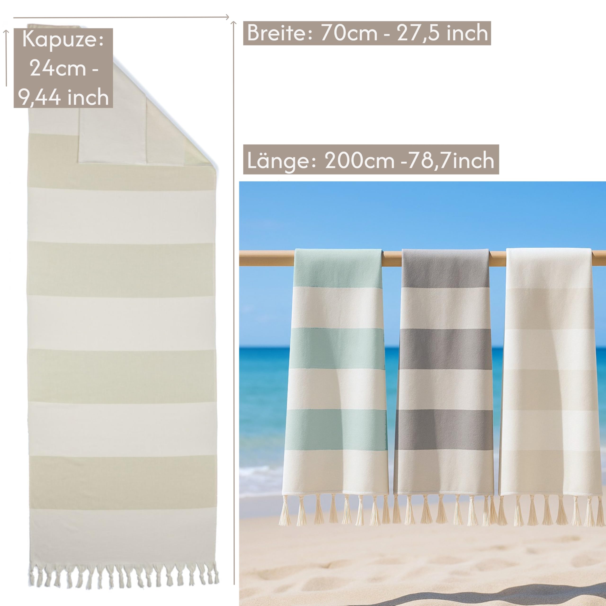 Handtuch für Sonnenliege 200x70cm - mit Kapuze 100% Baumwolle Schonbezug für Gartenliege Liegenhandtuch mit Umschlag Liegestuhl Bezug Liege Strandliege (Braun/Natur)