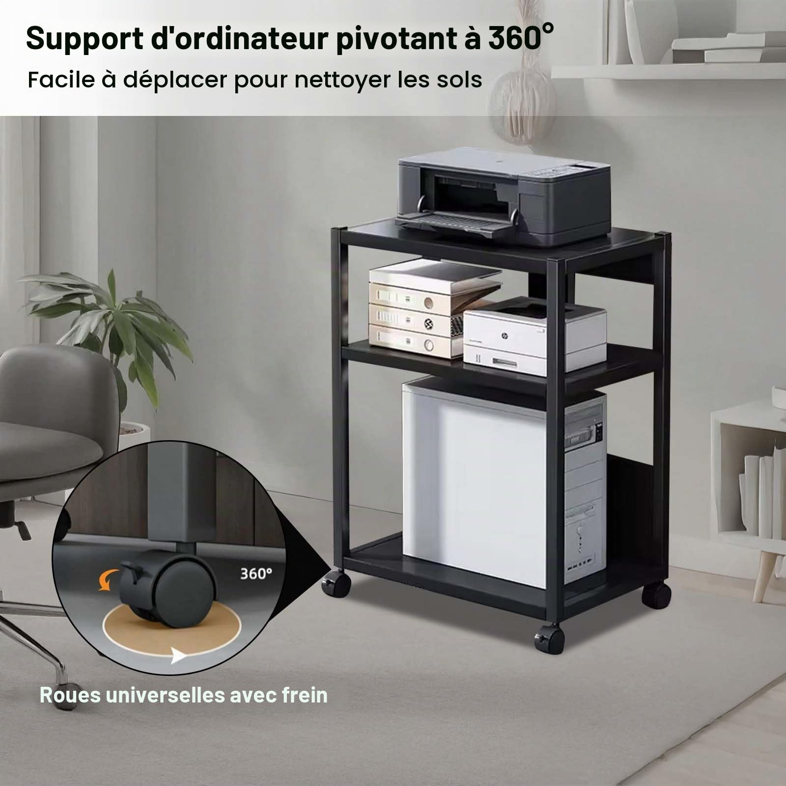 Garvee Support pour Tour PC et Imprimante à 3 Niveaux Hauteur Réglable | Chariot Métallique à Roulettes 360° Freinables, Rangement Sous Bureau Charge 30 kg, 69 x 51 x 30 cm, Noir