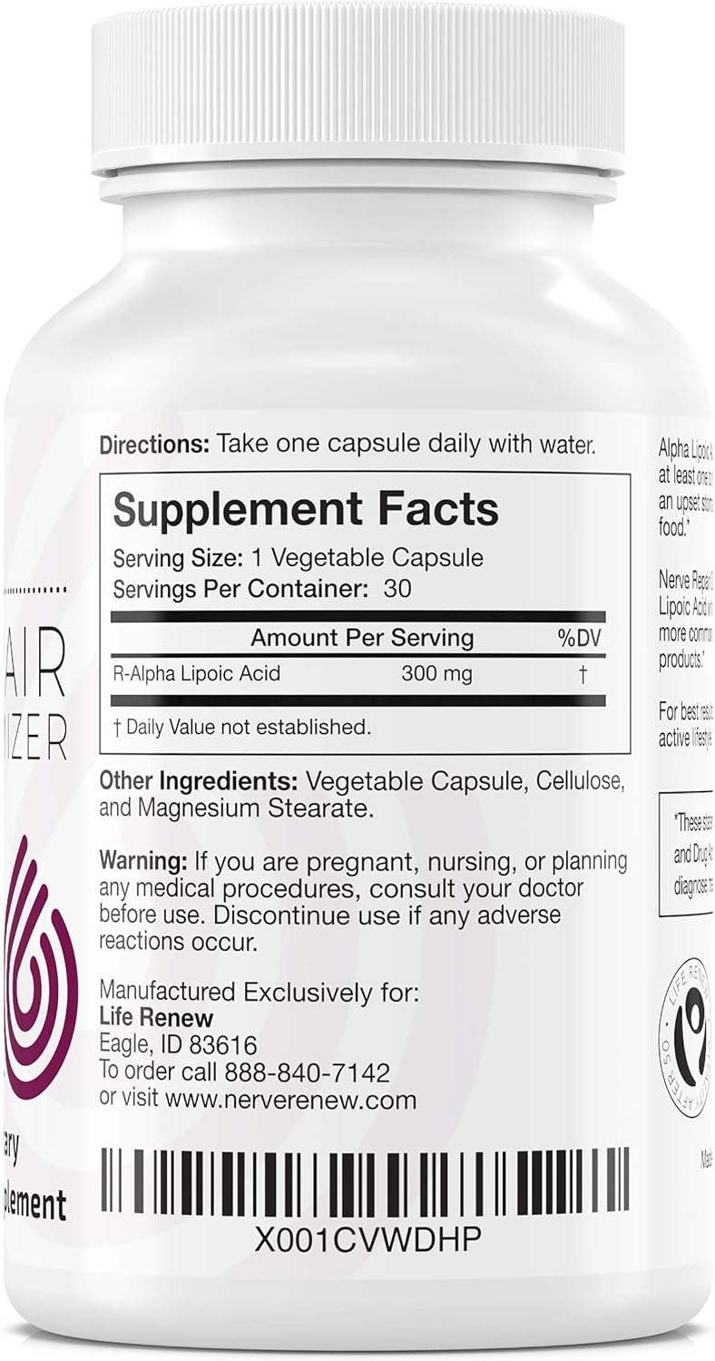 Nerve Renew Nerve Repair Optimizer - Dietary Supplement - 30 Capsules - 300 mg Stabilized R-Alpha Lipoic Acid per Capsule for Natural Nerve Discomfort Support - Fast Absorption - Safe and All Natural