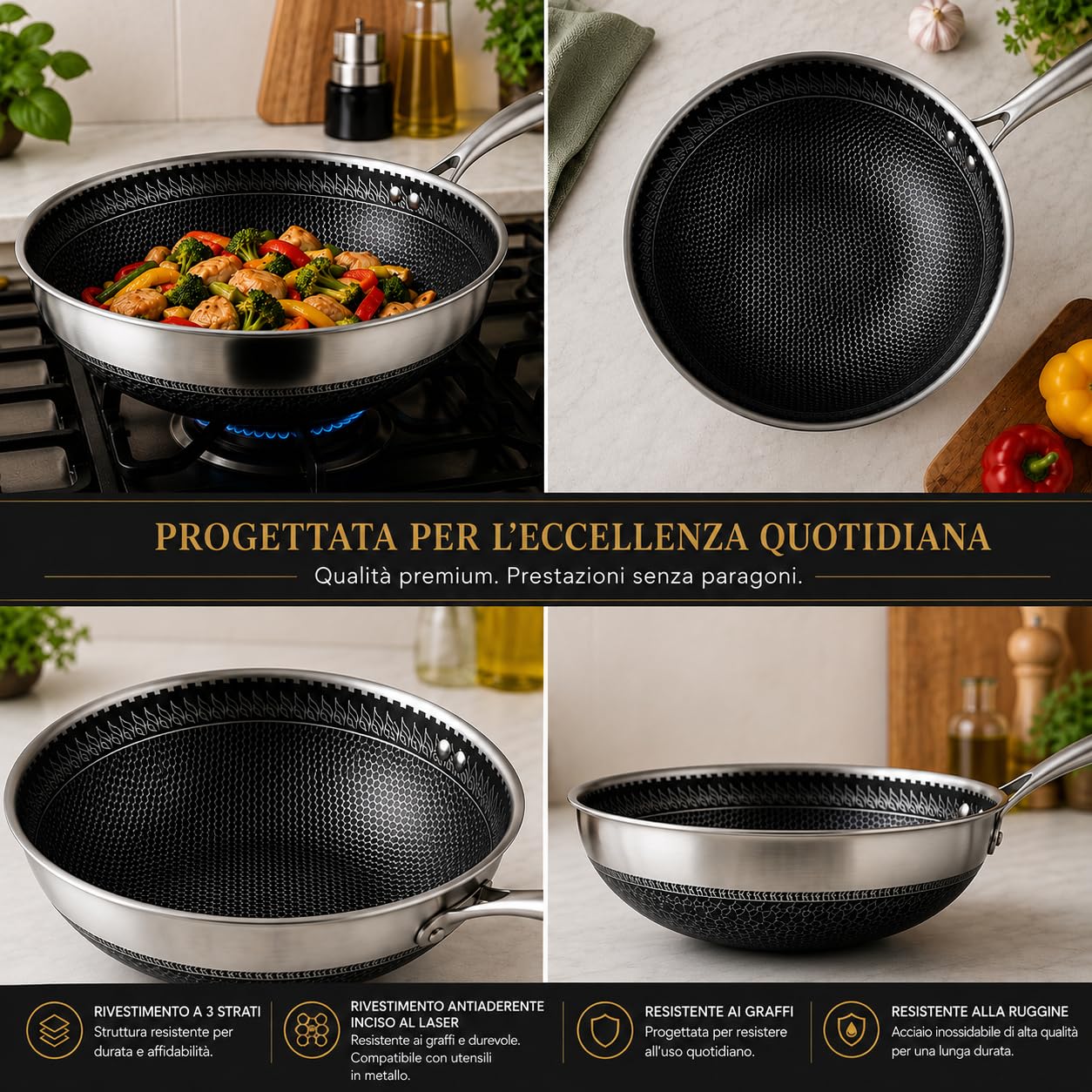 Wok Antiaderente con Coperchio 4.5L / 6L – Extra Profondo, Acciaio Inox, Nido d’Ape, Senza Sostanze Chimiche, Induzione, Gas, Vetroceramica, Manico Freddo, Rivestimento Greblon Tedesco (30 CM)