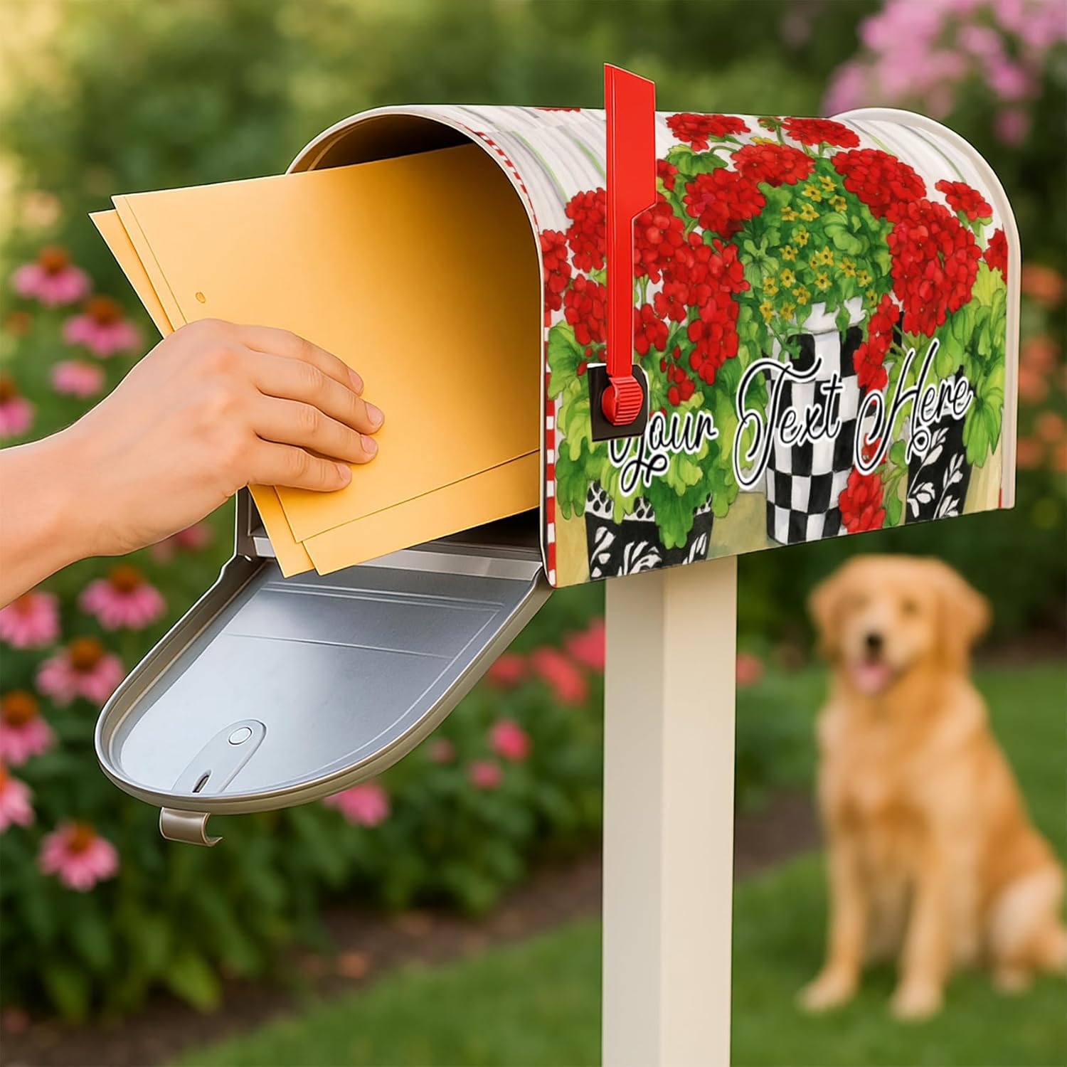 Personalize Custom Mailbox Cover Geranium Flowers, Customized Mailbox Wraps Address Numbers, Personalized Mail Box Magnet Decor Post Letter Box Covers Standard Size for Outside Garden Yard