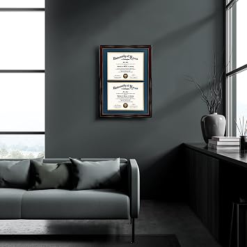 GraduationMall 14x20 Double Diploma Frame, Display 8.5x11 Certificate with Navy over Gold Mat,Tempered Glass,Mahogany with Gold Beads