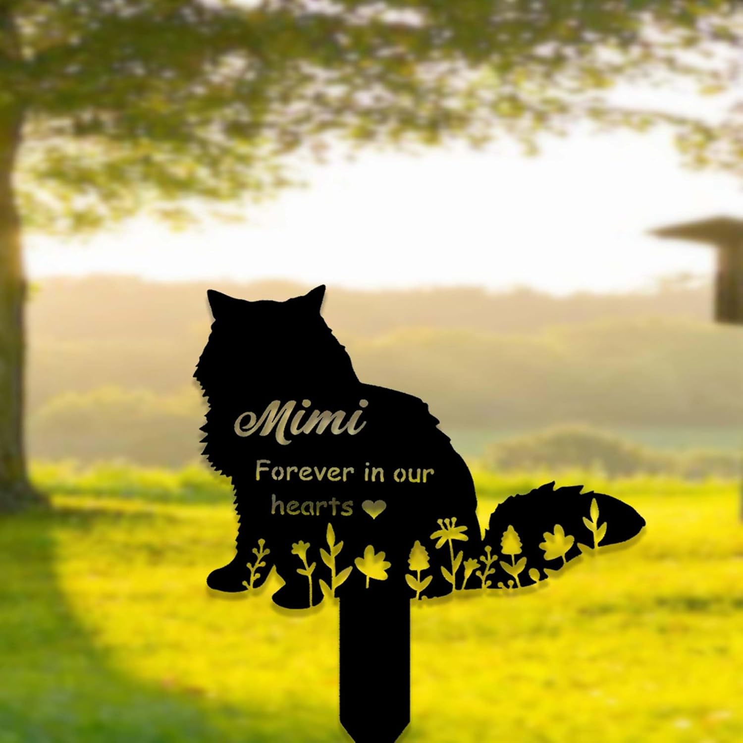 Custom Fluffy Cat Memorial Stake Sign - Metal Grave Marker with Personalized Cat Name - Remembrance Yard Stake for Loss of Pet in Heaven