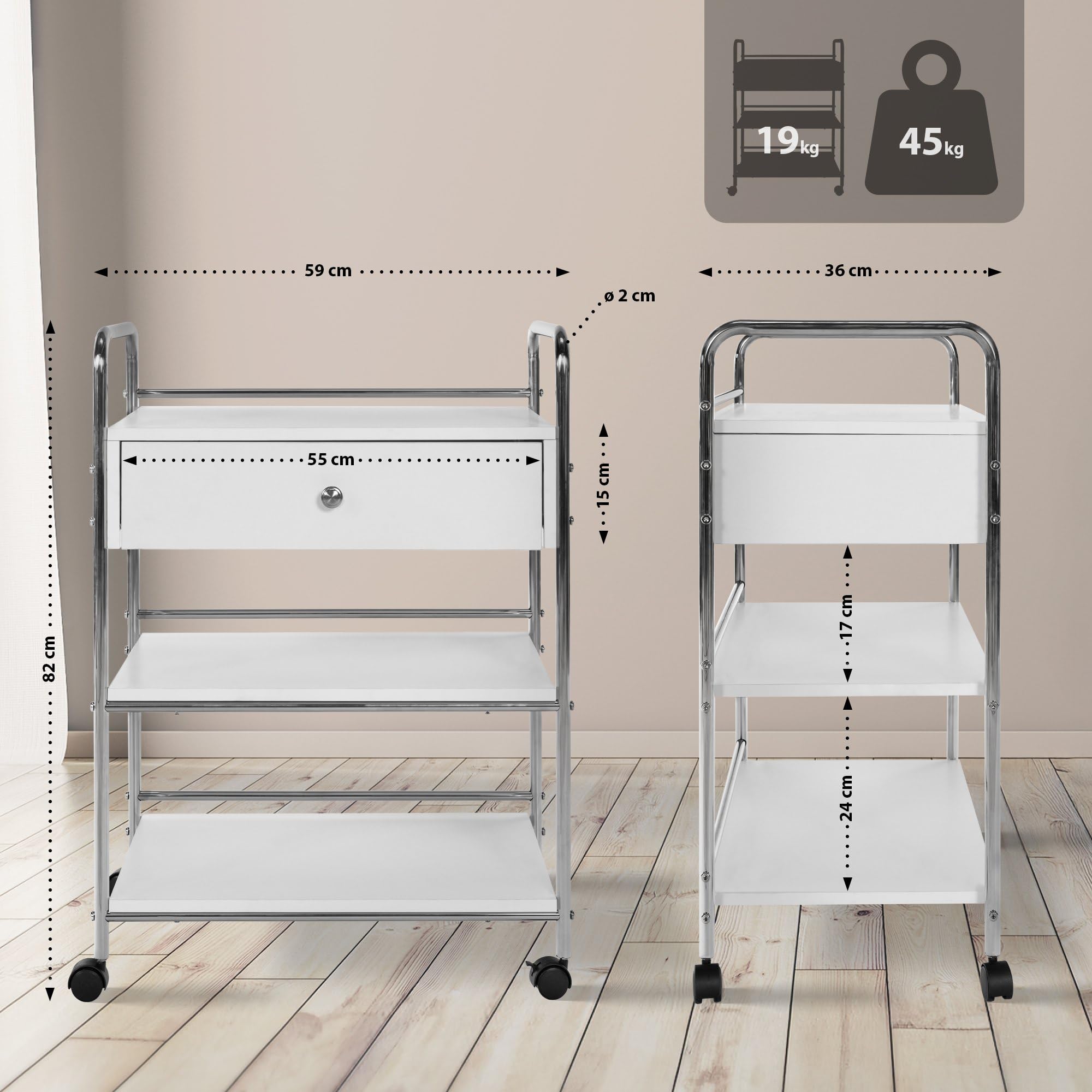 CLP Carrello PL912 I Carrello per attrezzature su rotelle I Carrello per cosmetici con cassetto e tre ripiani I Carrello multiuso, Colore:bianco