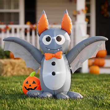 Ycolnaefllr 4ft Halloween Inflatable Bat, Lighted Halloween Yard Decor | 4ft bat & pumpkin inflatable | LED glow | Indoor/outdoor | Weatherproof | Quick setup | Ideal for yard, garden, party