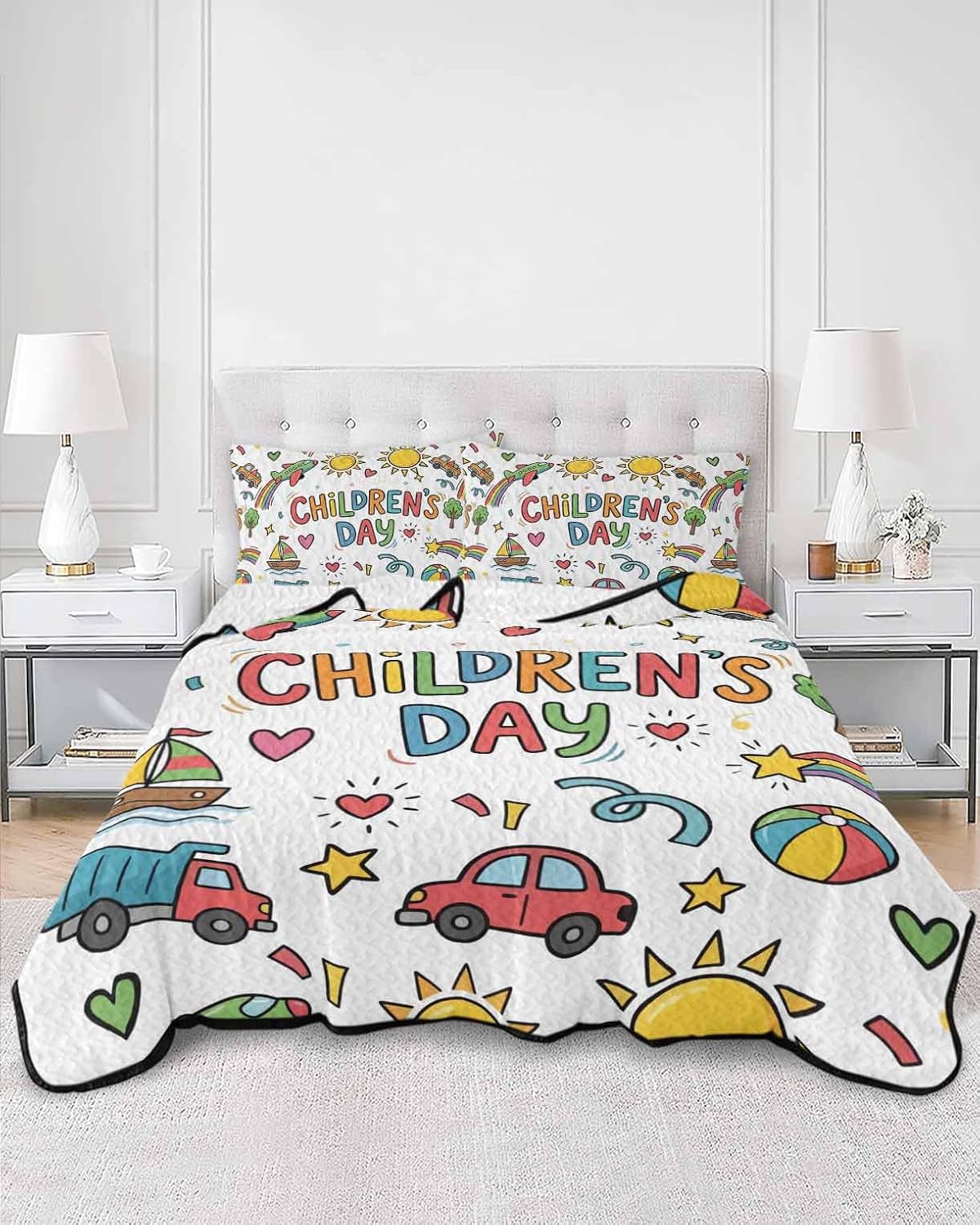 Full Size Quilt Bedding Set, Children's Day Lightweight Summer Quilt 3 Pieces Bedding Sets, Car Tree Stars Modern Abstract Art Reversible Soft Bedspreads Coverlets with 2 Pillow Shams for All Season