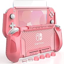 HEYSTOP Capa compatível com Nintendo Switch Lite, com protetor de tela de vidro temperado e 6 cabos de polegar, capa protetora de TPU para Switch Lite com antiarranhões/antipoeira (rosa)