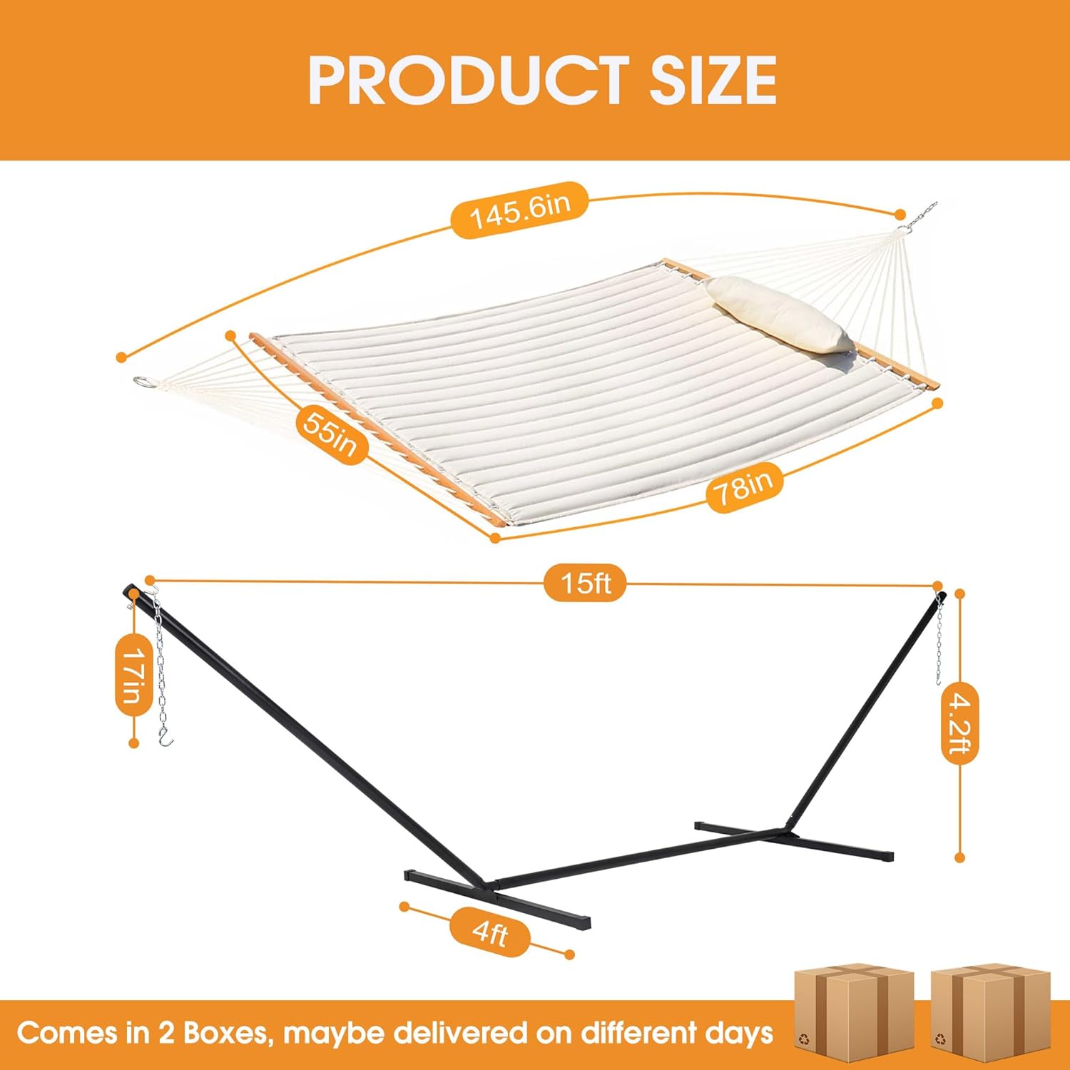 Lazy Daze Hammocks Double Quilted Hammock with Stand for Outside, 15 FT Heavy Duty Steel Stand, 2 Person Hammock for Porch Patio Garden Backyard, Max 450 lbs Capacity, Cream