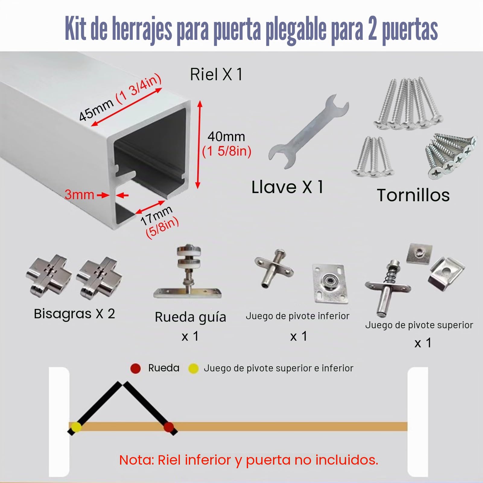 Kit de herrajes para puerta corredera de granero plegable, rieles montados en la parte superior para paneles deslizantes lisos, ideal para uso en armario de dormitorio