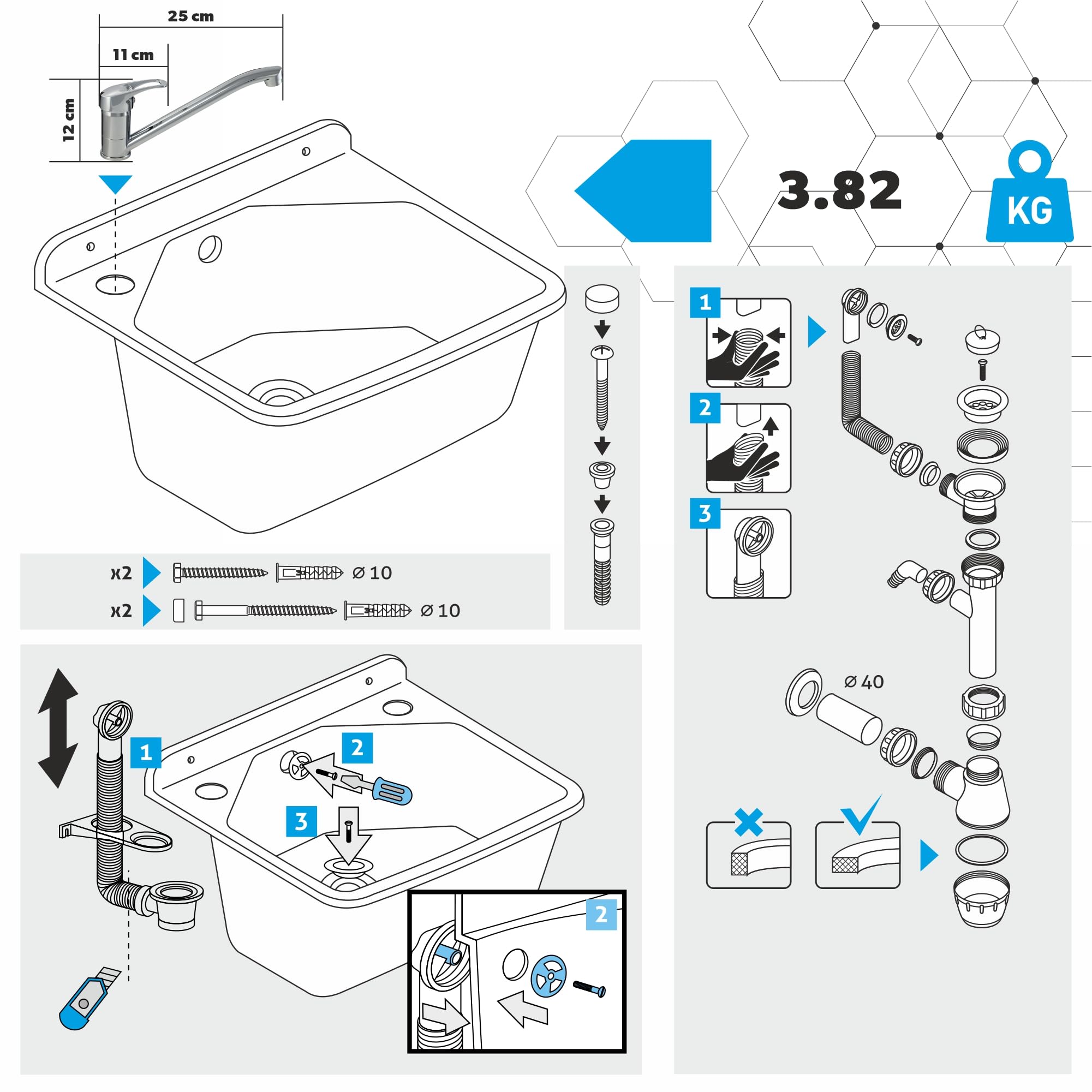 KADAX gospo Évier avec robinet, siphon, 46 x 37 x 20 cm, lavabo en plastique, bac de lavage pour jardin, garage, cave, atelier, montage mural, évier avec accessoires (gris)