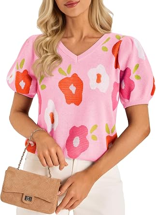 Cicy Bell Womens Puff Short Sleeve Sweater Tops V Neck Floral Knit Shirts