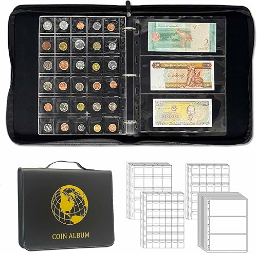 Miniatura 1 de Libro de colección de monedas para coleccionistas, 296 bolsillos, 30 fundas de papel, cuartos, billetes, sello