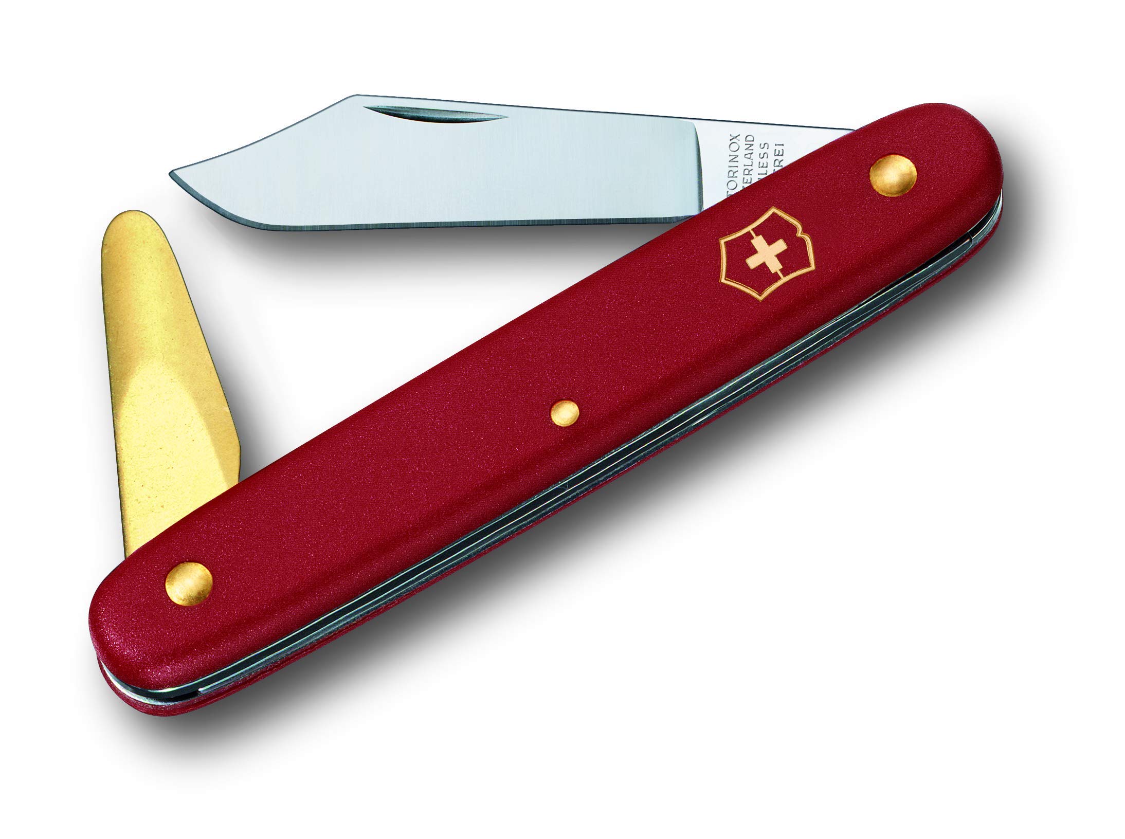 Victorinox Gartenmesser Okuliermesser für Gartenarbeiten, Rostfreie Spitze Klinge, 50 mm, Messing-Rindenlöser, Rot
