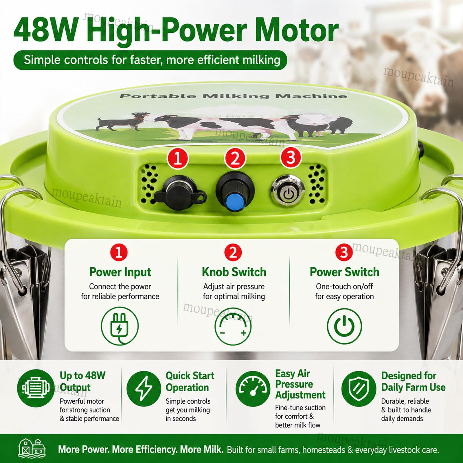 Ordeñadora Eléctrica para Vacas y Cabras 12L, Máquina de Ordeño Portátil Recargable con Batería 5200 mAh, Pulsación Suave, Parada Automática, Cubo INOX y Tubo de Silicona Sheep