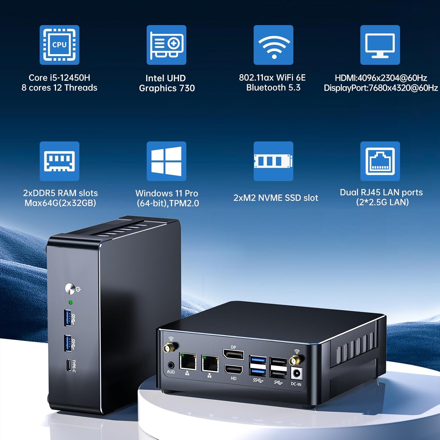 Mini PC, Desktop Computer with Core i5-12450H, 8 Cores Upto 4.4GHz, Win-11 Pro, 32G DDR5, 512G M.2 PCIE4.0 SSD, DP/HDMI/USB4.0 Triple Display, Support 8K/4K@60Hz, Dual 2.5G LAN, WiFi 6E/BT5.3