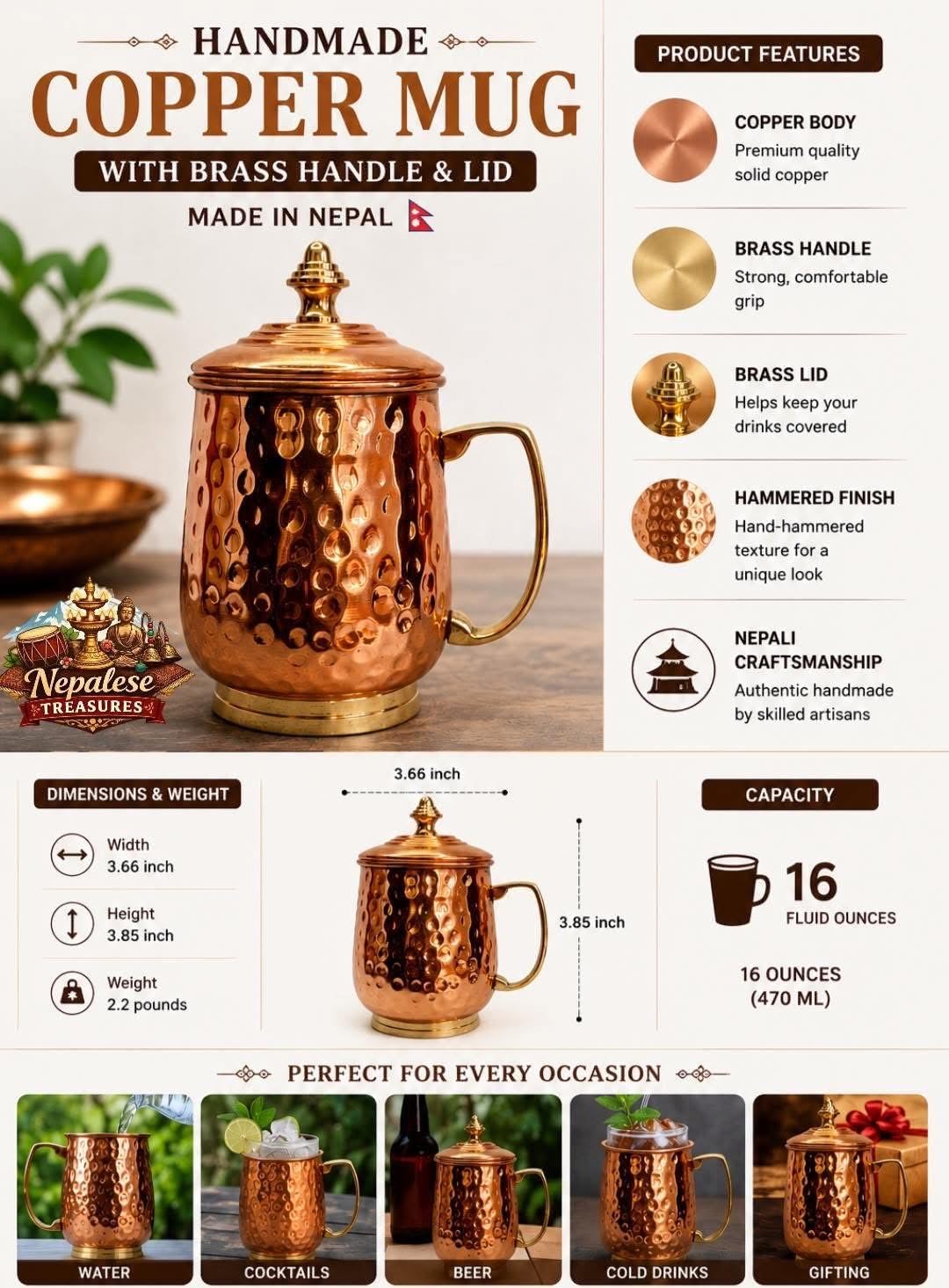 Handmade Solid Copper Mug – 16oz Barrel-Shaped Cup with Brass Handle, Hammered Texture & Brass Cover Lid – Made in Nepal, Perfect for Cold Drinks & Parties