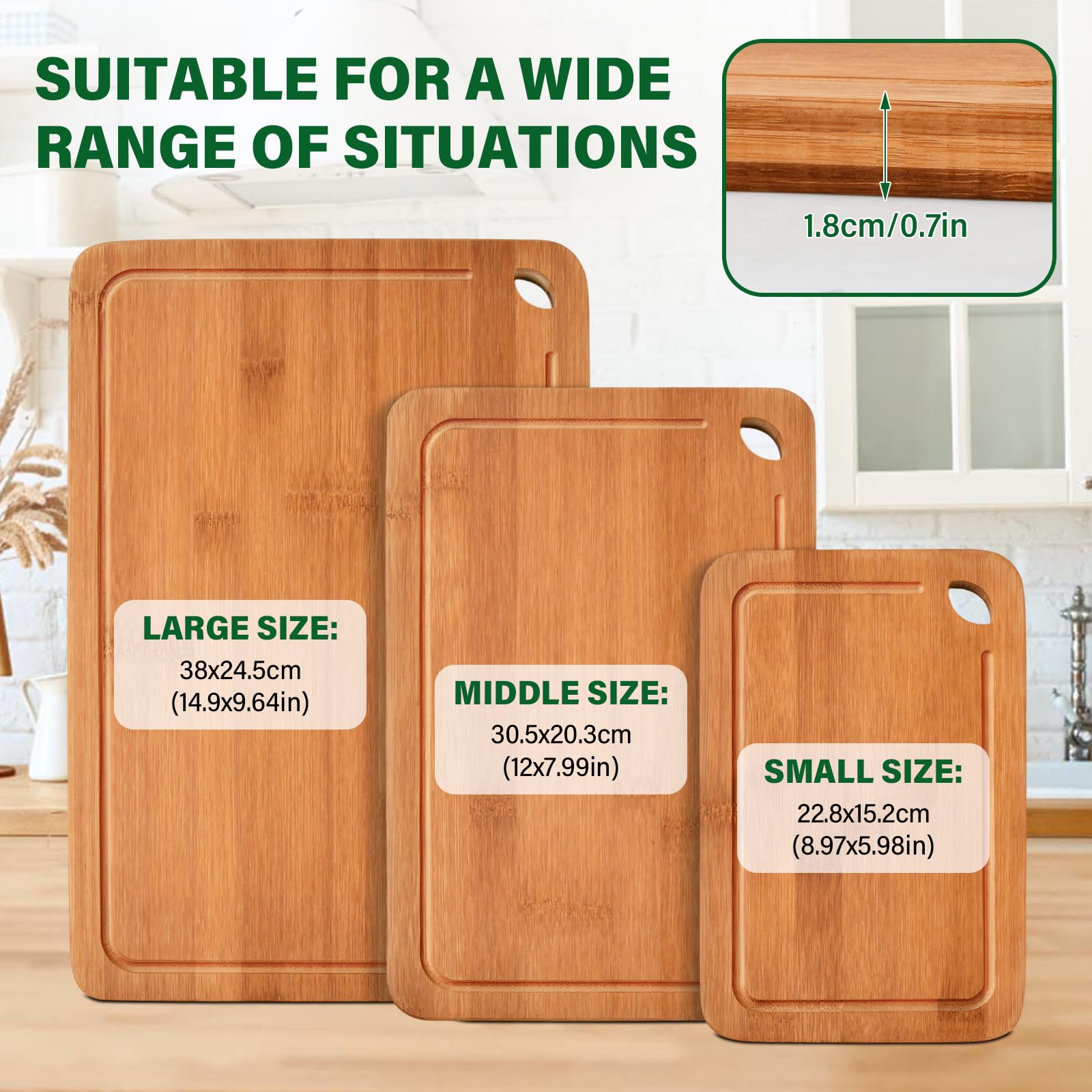 Tagliere Legno Set Taglieri Cucina in Bamboo Grande, Medio y Piccolo Tagliere da Cucina Professionale Antibatterico Taglieri Bambu Resistenti per Pane, Aperitivo, Carne e Verdure (Naturale)