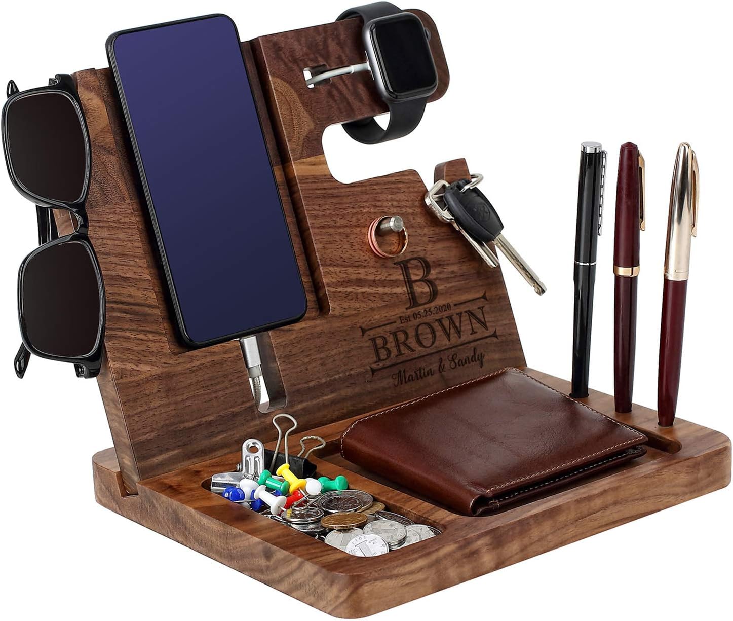 awofer Wooden Docking Station-Custom Engraved Nightstand Organizer, Nightstand with Phone Holder, Key Stand, Wallet, Watch Stand, Gift for Birthday, Anniversary, Christmas, Thanksgiving(Walnut)