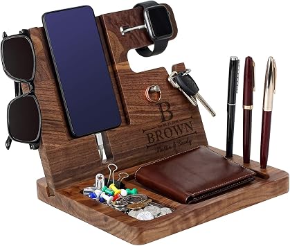 owofer Wooden Docking Station-Custom Engraved Nightstand Organizer، Nightstand with Phone Holder، Key Stand، Wallet، Watch Stand، Gift for Birthday، Anniversary، Christmas، ThanksgivingWalnut