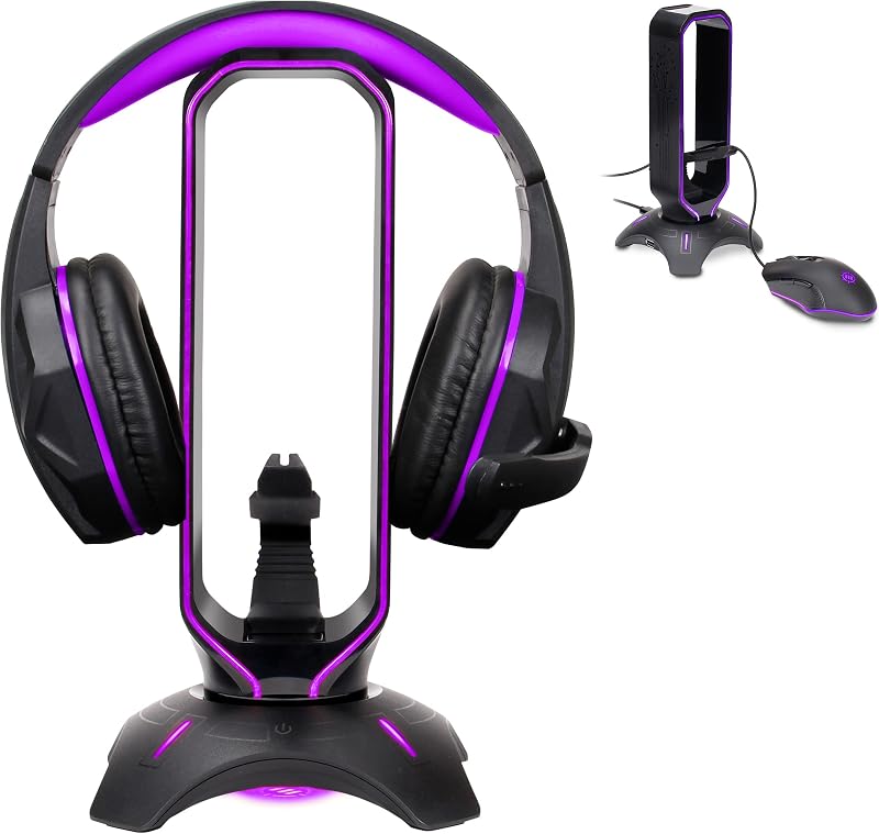 PC Gaming Headset Stand with Mouse Bungee - RGB Headphone Holder, 2 USB Ports, 7 LED Color Modes, Compatible with Desktops, Keyboards, Headphones