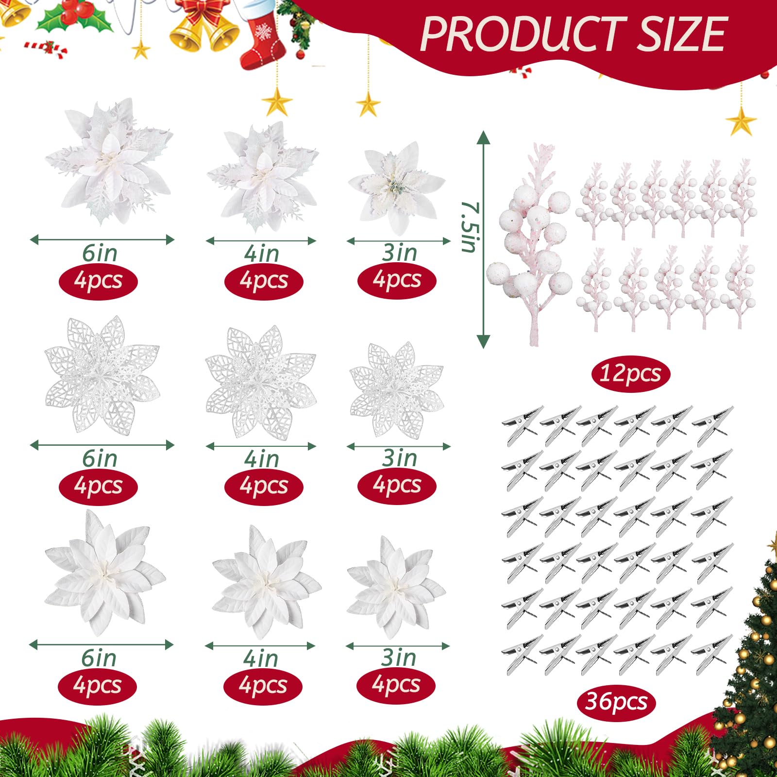 Amazon｜Zeyune 48個 クリスマス グリッター ポインセチア 造花 茎