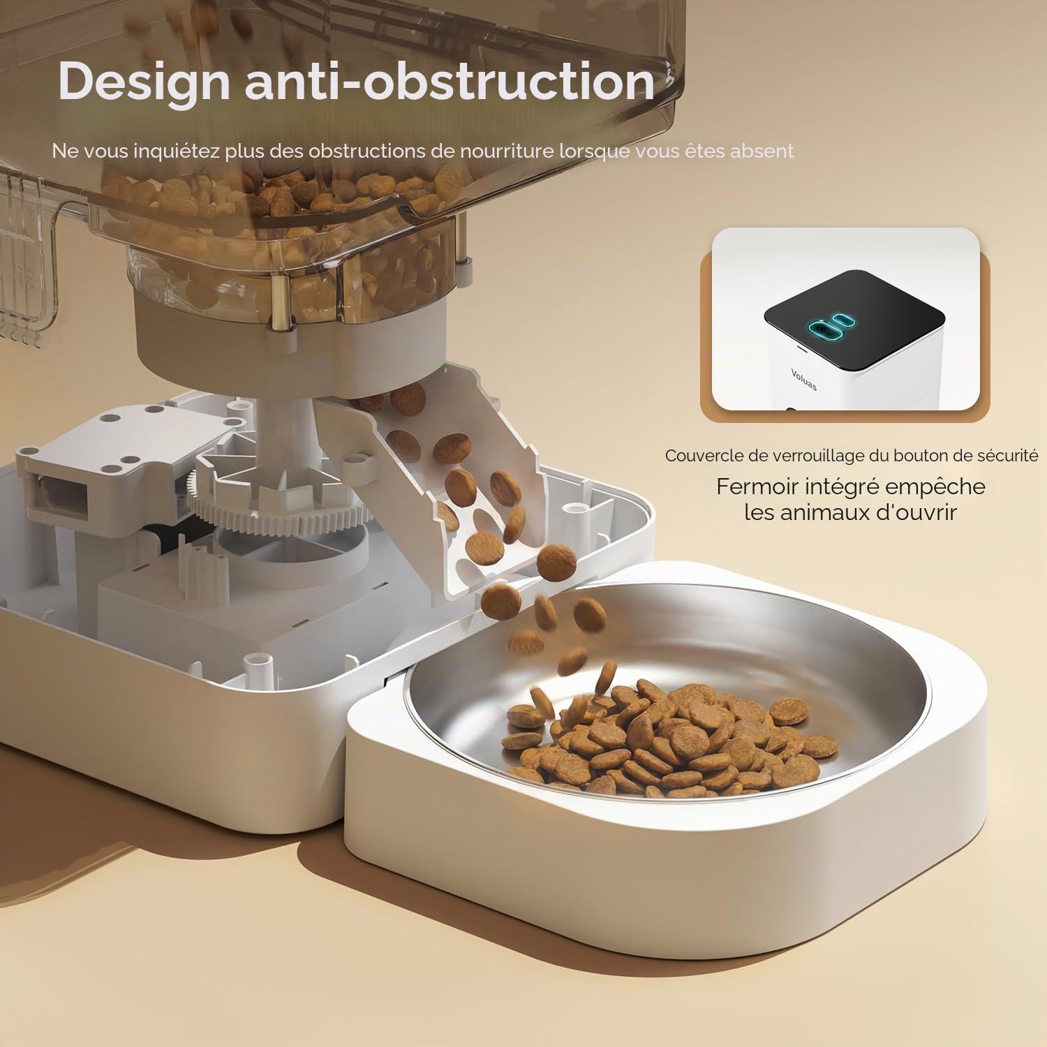 VOLUAS Distributeur Automatique Nourriture Chats et Chiens, Nourriture Sèche avec Sac Désiccant, Programmable, Contrôle Portion 4 Repas/Jour.