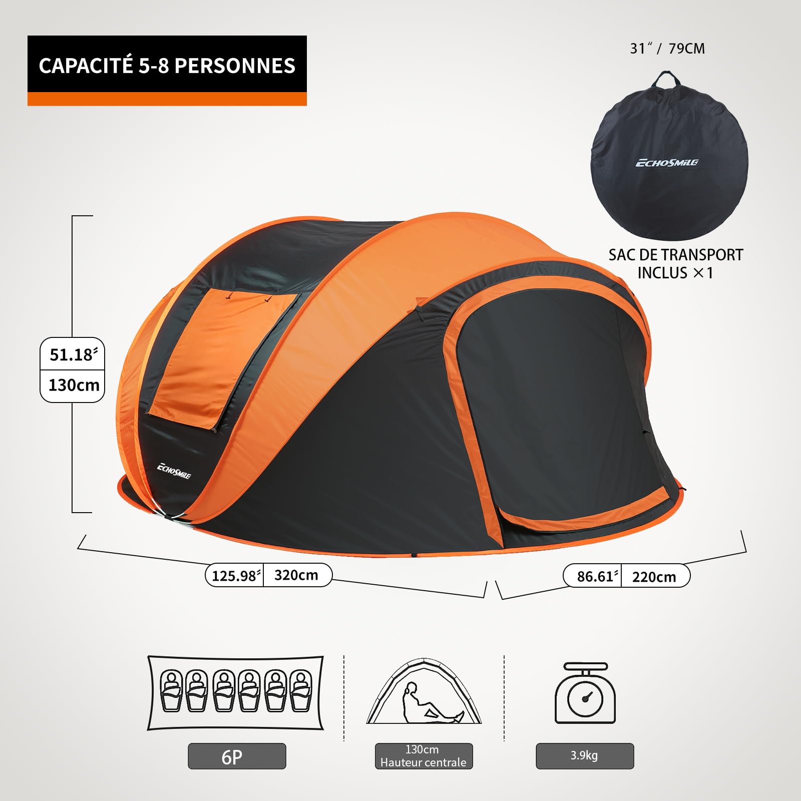 EchoSmile Tente de Camping Pop Up 4-8 Personnes, Imperméable, avec 2 Fenêtres en Maille Aérée, Dôme Portable et Légère pour Le Camping en Plein Air sur la Plage
