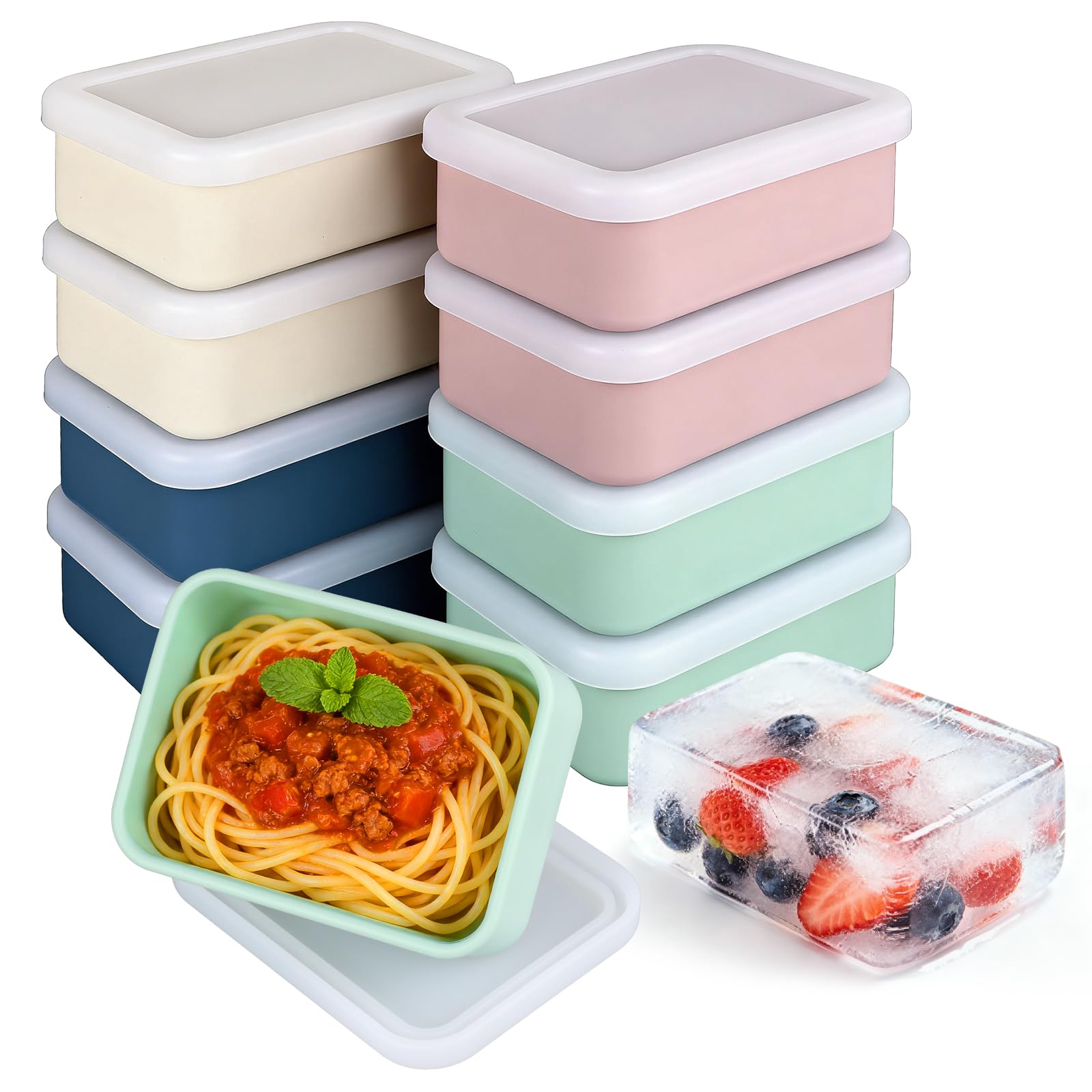 OGMBI 8 Pack 500ml Silicone Freezer Container with Lid, 2 Cup Soup Freezer Molds, Reusable Food Preserving Ice Tray, Rectangle Meal Prep Storage Containers for Soups Sauces Stews (Multicolor)