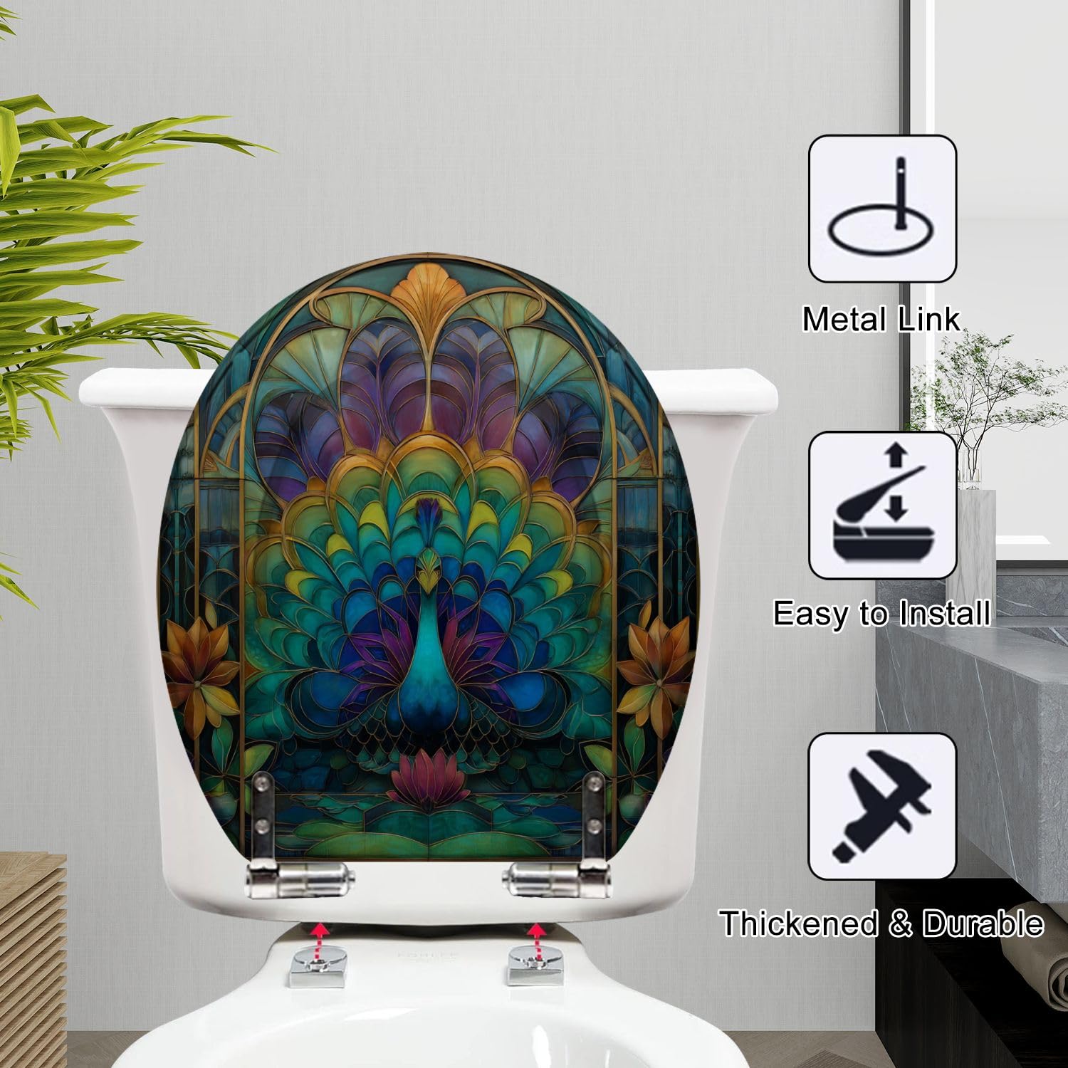 Asiento de inodoro redondo de resina con diseño de pluma de vidriera