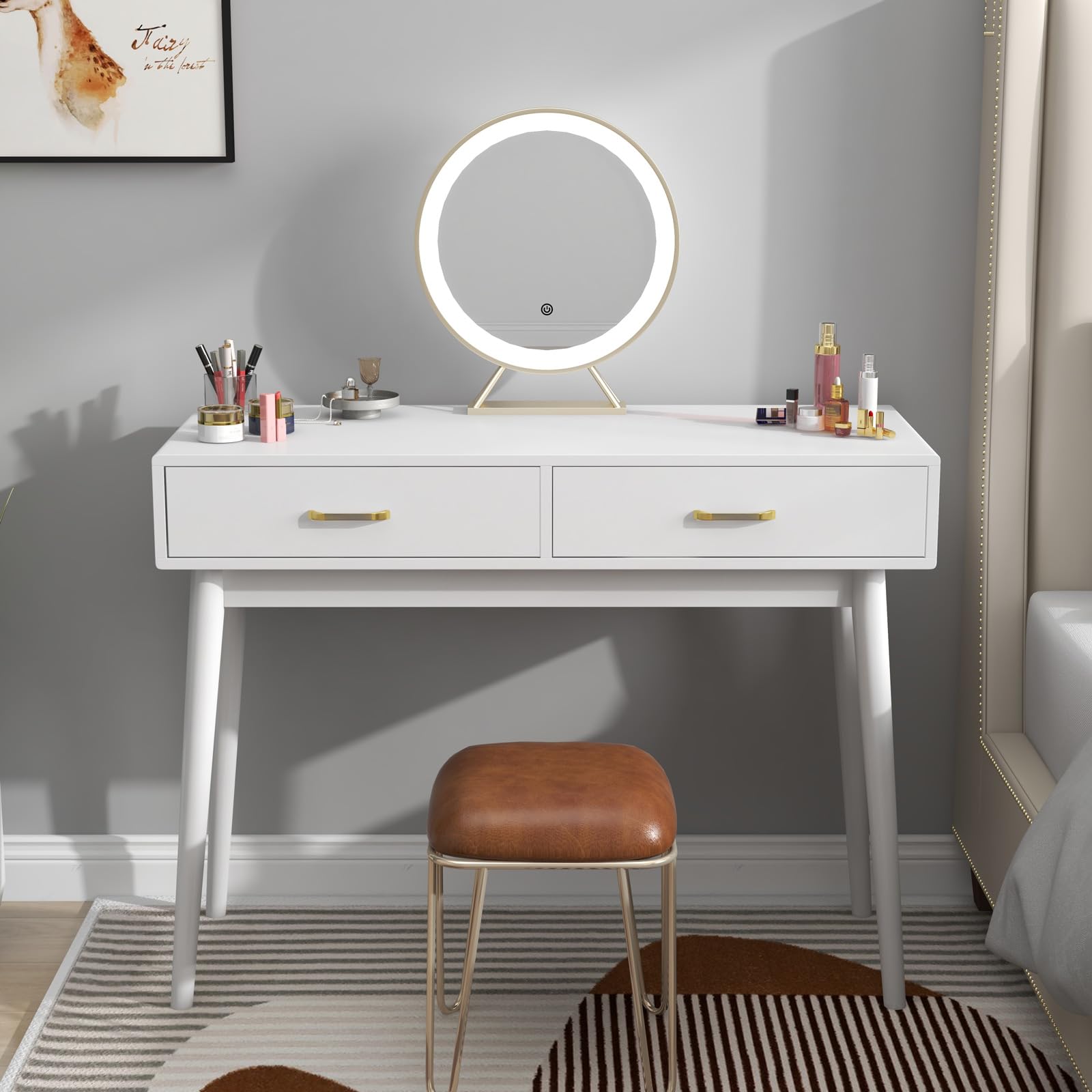 Rotihom Small White Desk with 2 Drawers, Modern Writing Desk for Small Spaces, Home Office Desk for Study, Laptop Computer Desk for Work, Makeup