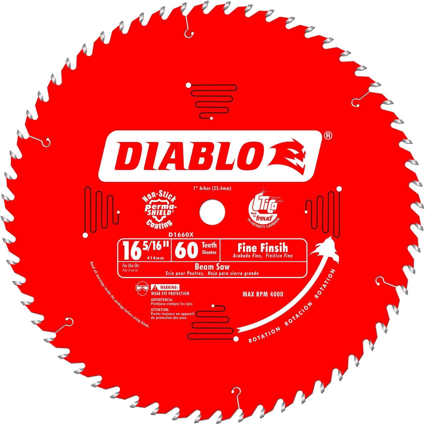 Fine Finish Saw Blade for Wood - 16-5/16" Diameter, 60 ATB Teeth, 1" Arbor, .114" Kerf, 22° Hook Angle, .079" Plate, 4000 Max RPM - D1660X