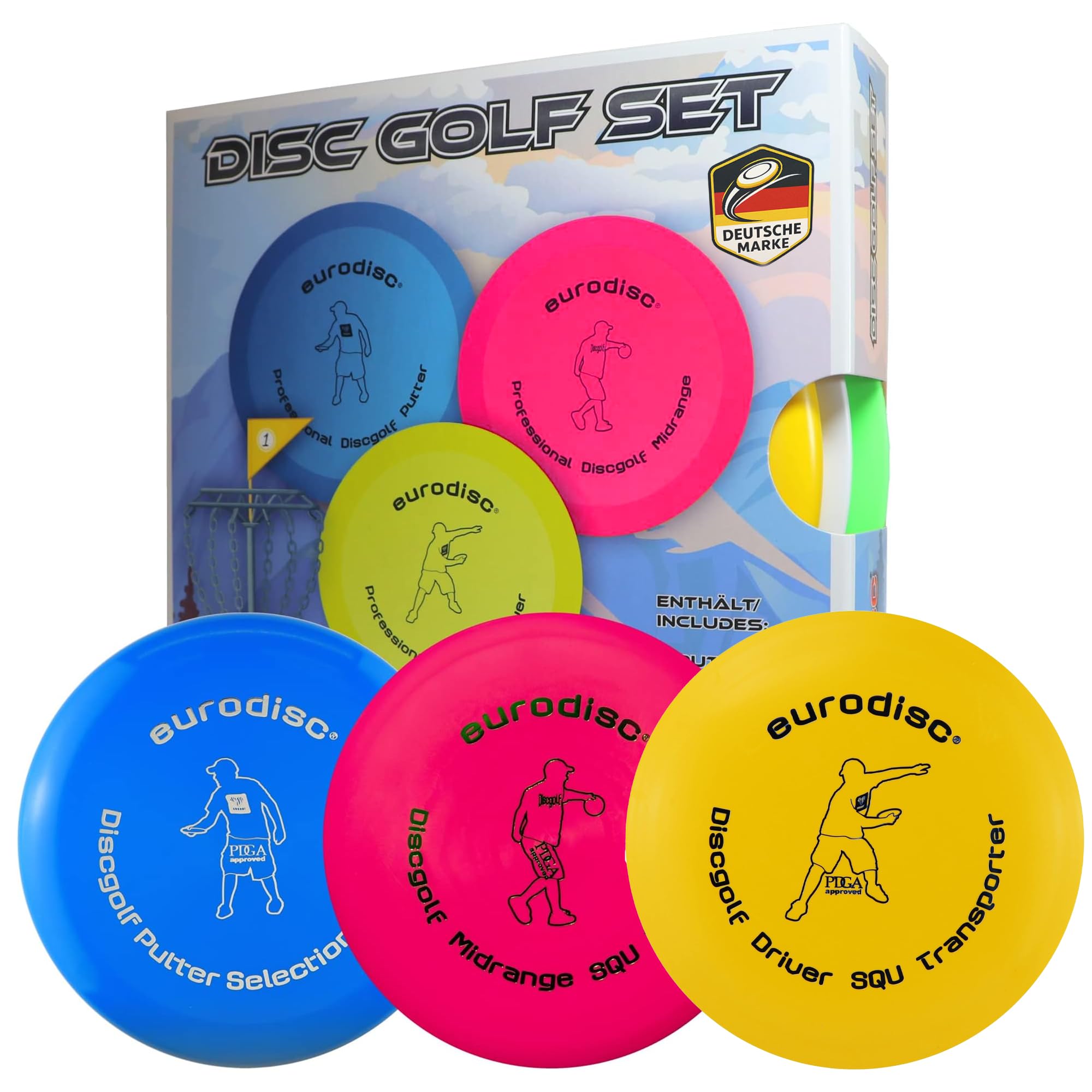 Eurodisc Disc Golf Frisbee zestaw startowy dla początkujących, wyjątkowo wysokiej jakości, trwały, Selection Putter Midrange Driver (niebieski, pomarańczowo-żółty)