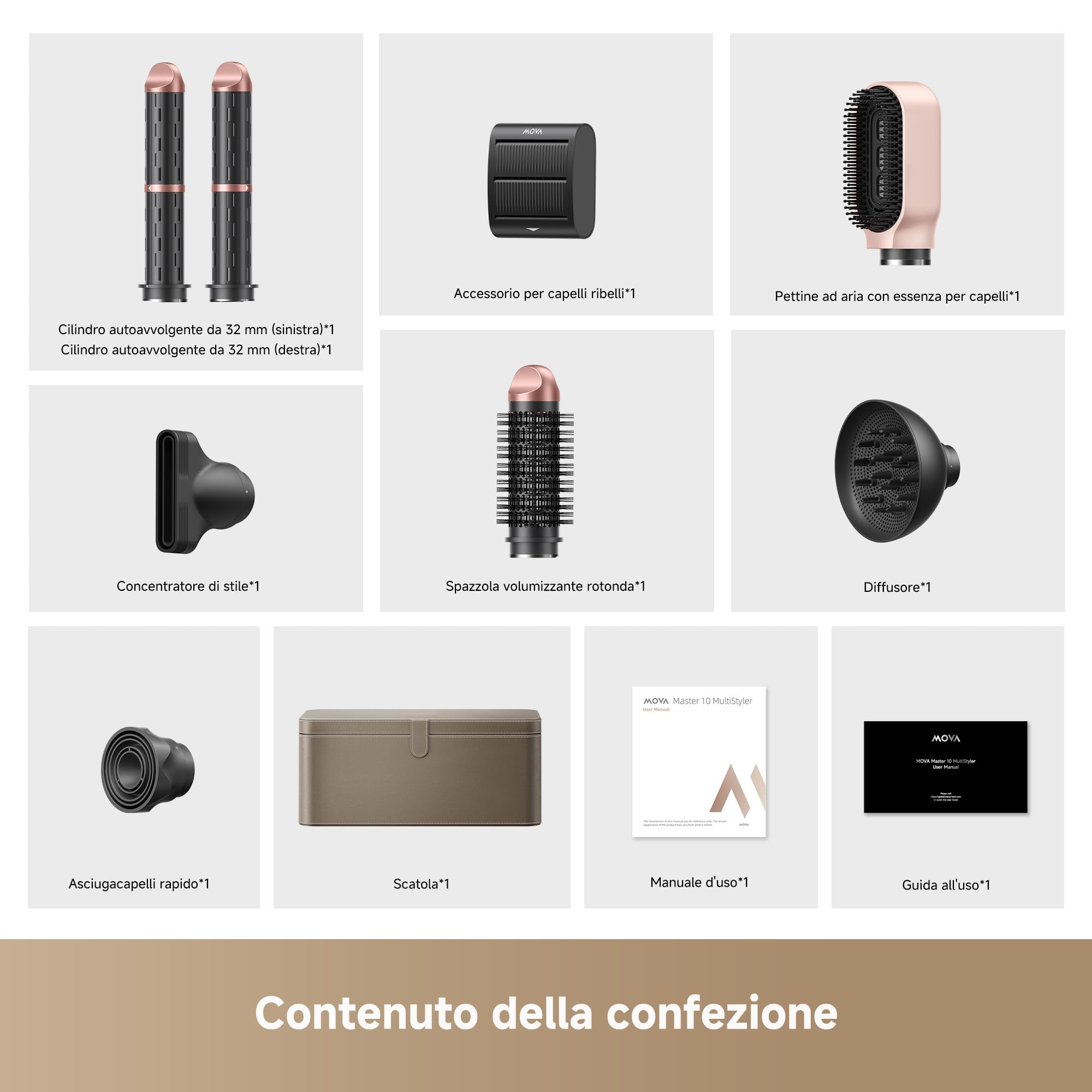 MOVA Master 10 Multifunzione 7 in 1, Asciugatura Rapida, Arriccia e Liscia, Dona Volume e Lucentezza, Cura Intelligente del Capello, Accessori Magnetici, Set con Cofanetto Elegante