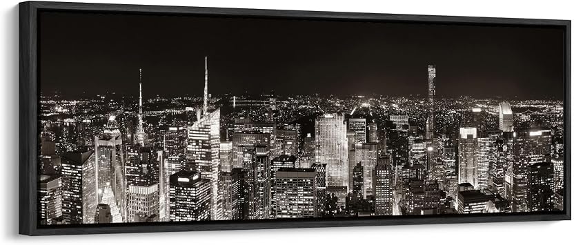 wall26 Large Framed Wall Art Canvas Print - Black and White City Skyline at Night Urban - Contemporary Artwork for Living Room Bedroom Office - 60"x20" Black