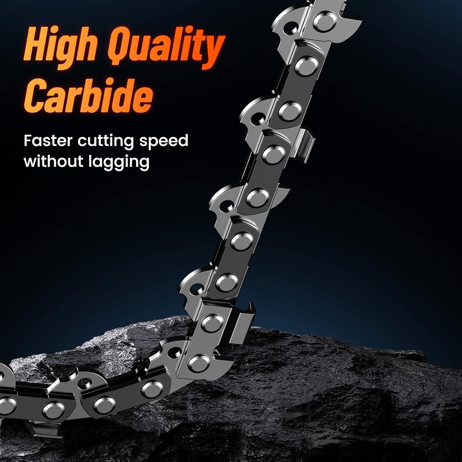 Close-up of a chainsaw chain made from high-quality carbide material.