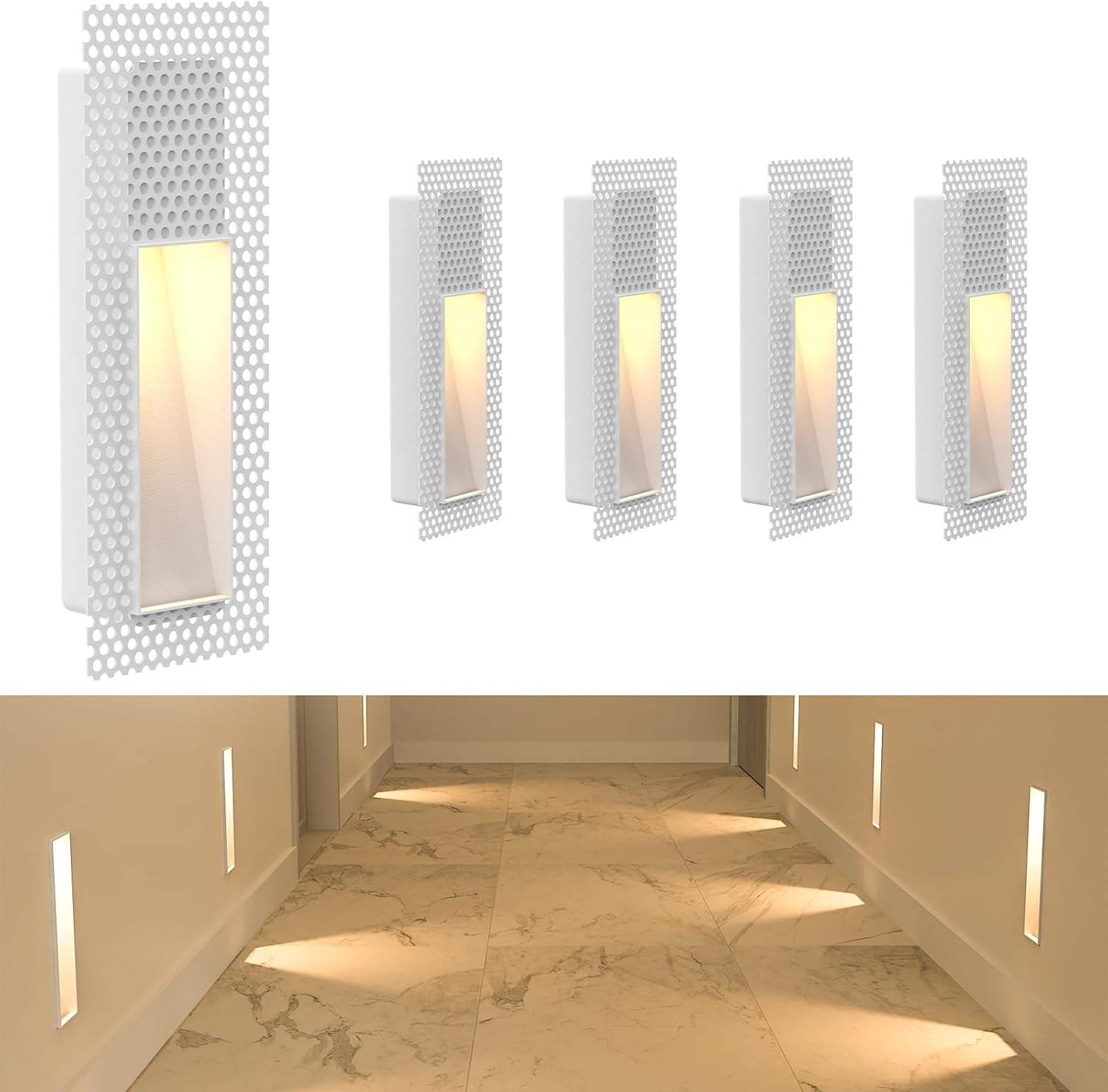 4 Pack Trimless Recessed Step Lights, 2W 3000K Warm White Wall Light, Indoor Rectangle Skirting Board Lighting, Invisible Stair Lights for Hallway, Bedroom, Staircase (No Dimming)