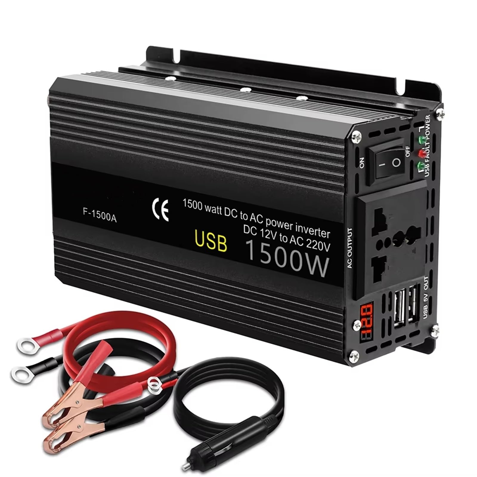 Convertisseur Onduleur LED 1500 W/2000W DC12V vers AC220V Prise Universelle pour Voiture pour Caméra Extérieure Scie Pompe À Eau 50 Hz/60 Hz Power Inverter(Black 1500W 60Hz)